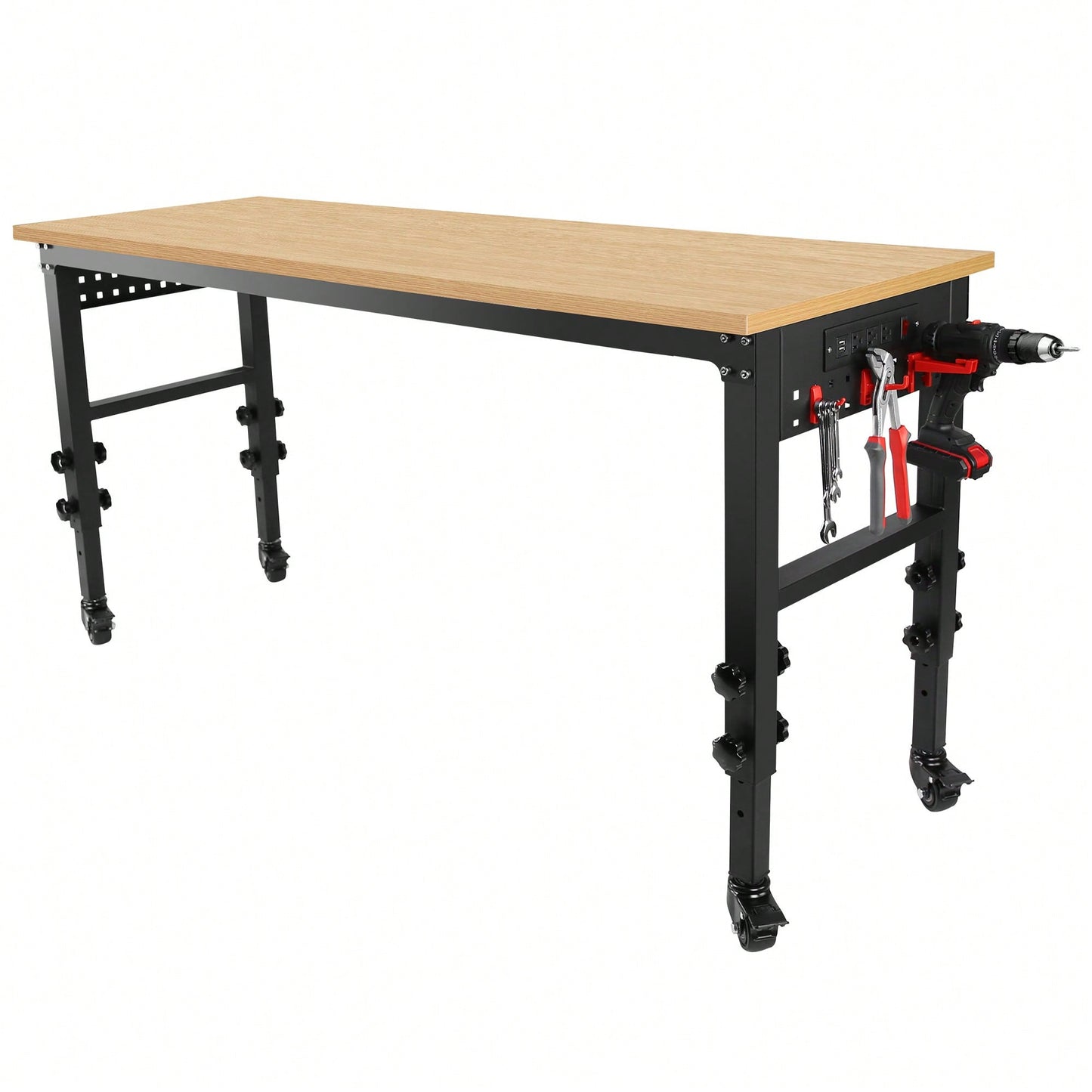 Adjustable 72 Inch Rolling Workbench With Power Outlet Heavy-Duty Rubber Wood Top Ideal For Garage Office Workshop Home Easy Assembly