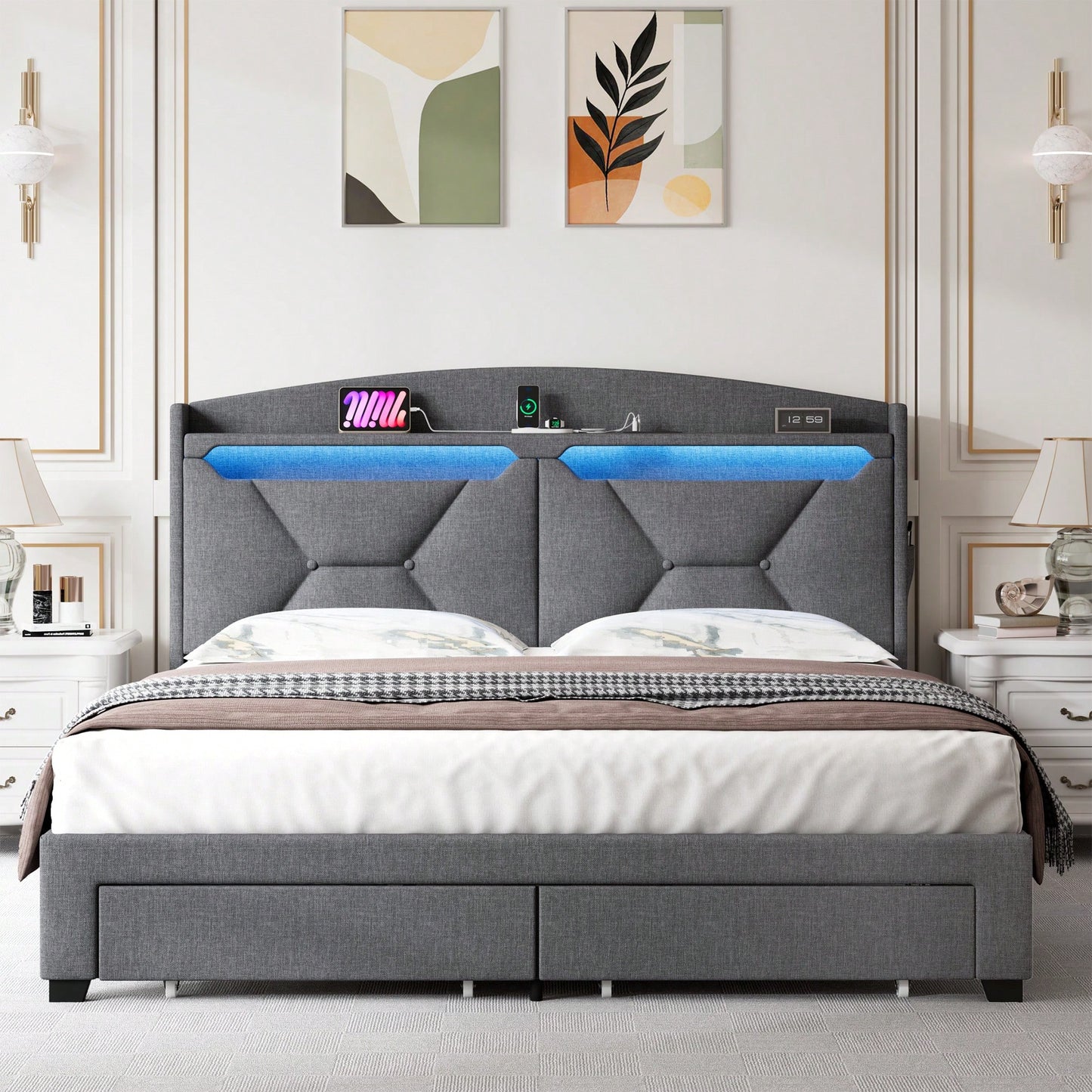 Queen Size Storage Headboard With RF LED Lights For Stylish Bedroom Organization