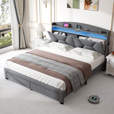 Queen Size Storage Headboard With RF LED Lights For Stylish Bedroom Organization