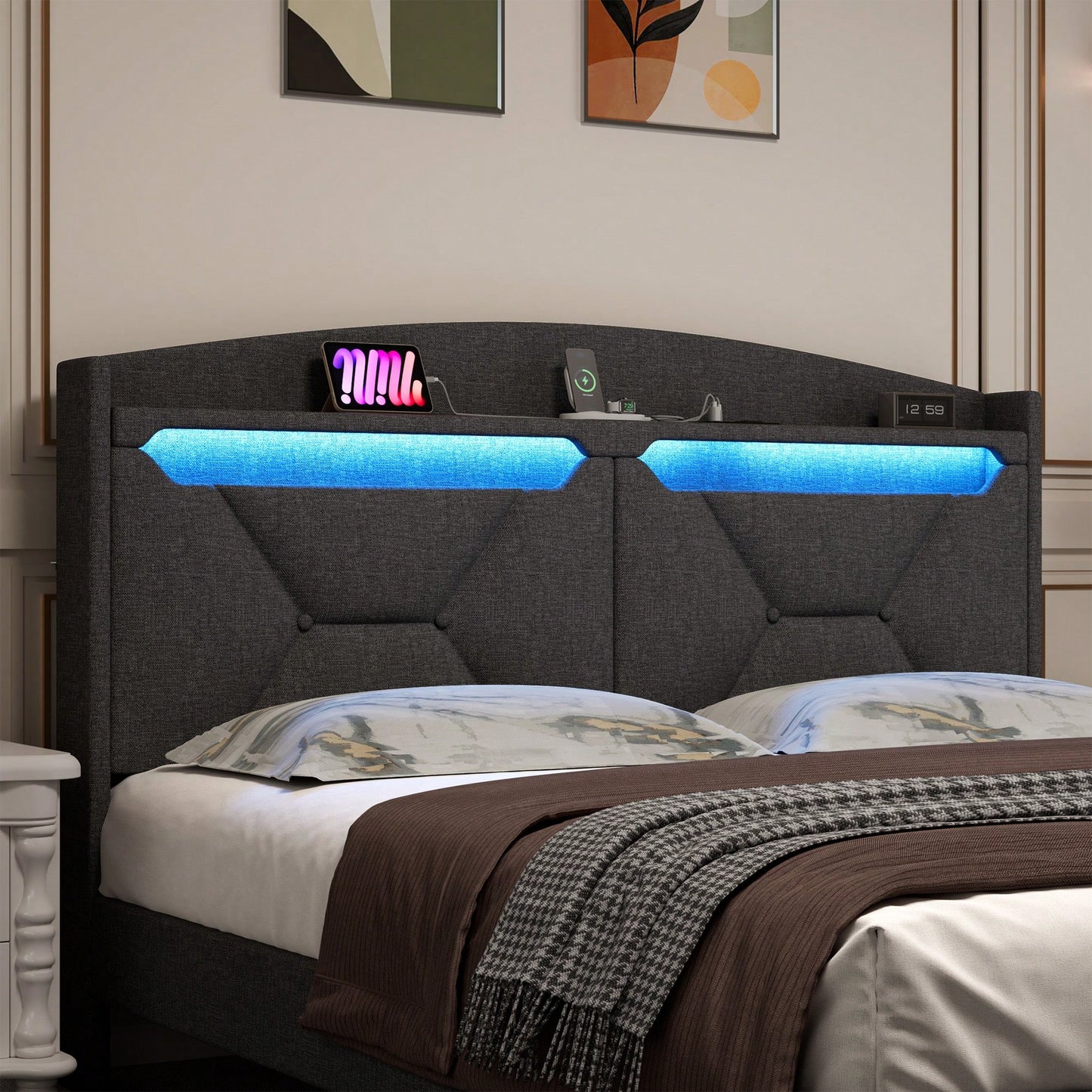 Queen Size Storage Headboard With RF LED Lights For Stylish Bedroom Organization