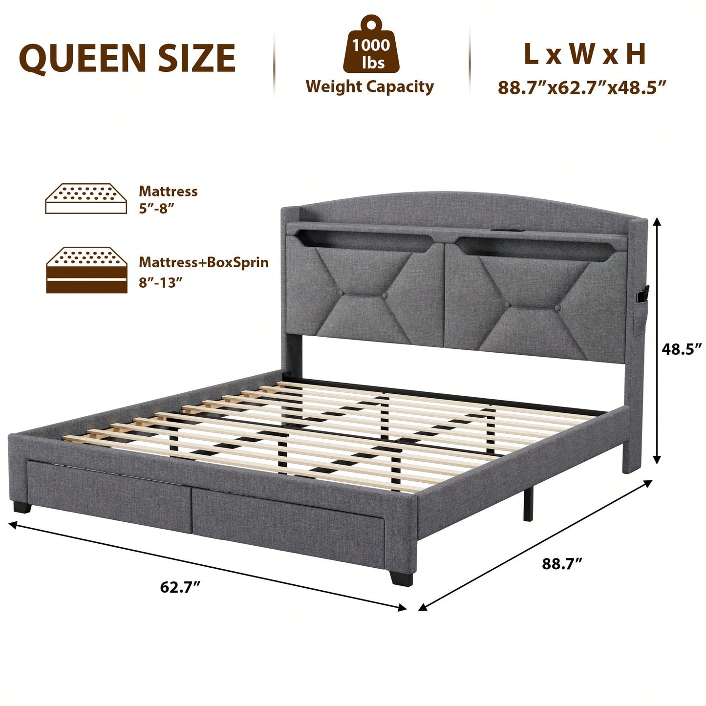 Queen Size Storage Headboard With RF LED Lights For Stylish Bedroom Organization