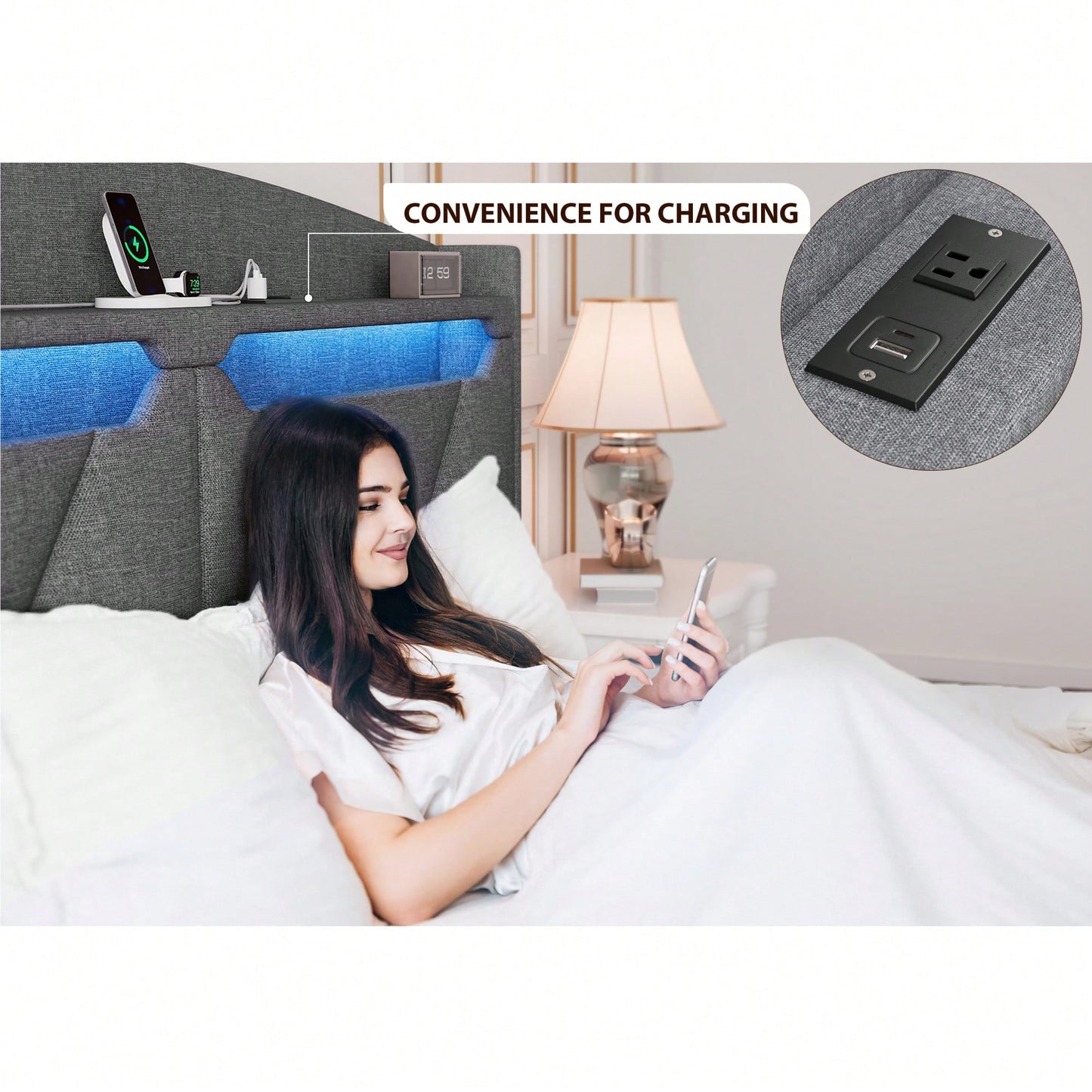 Queen Size Storage Headboard With RF LED Lights For Stylish Bedroom Organization