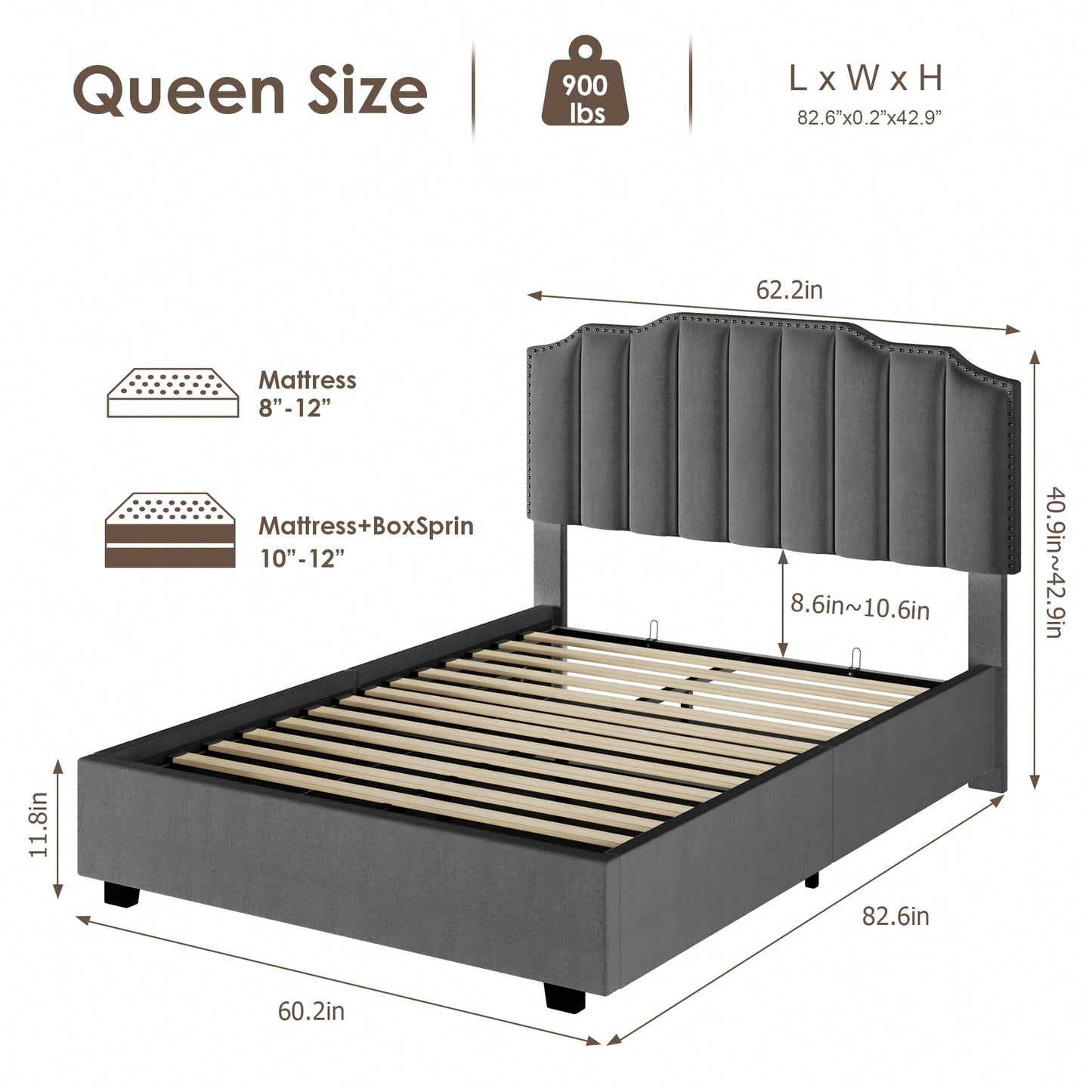 Elegant Grey Velvet Queen Size Bed With Lift-Up Storage