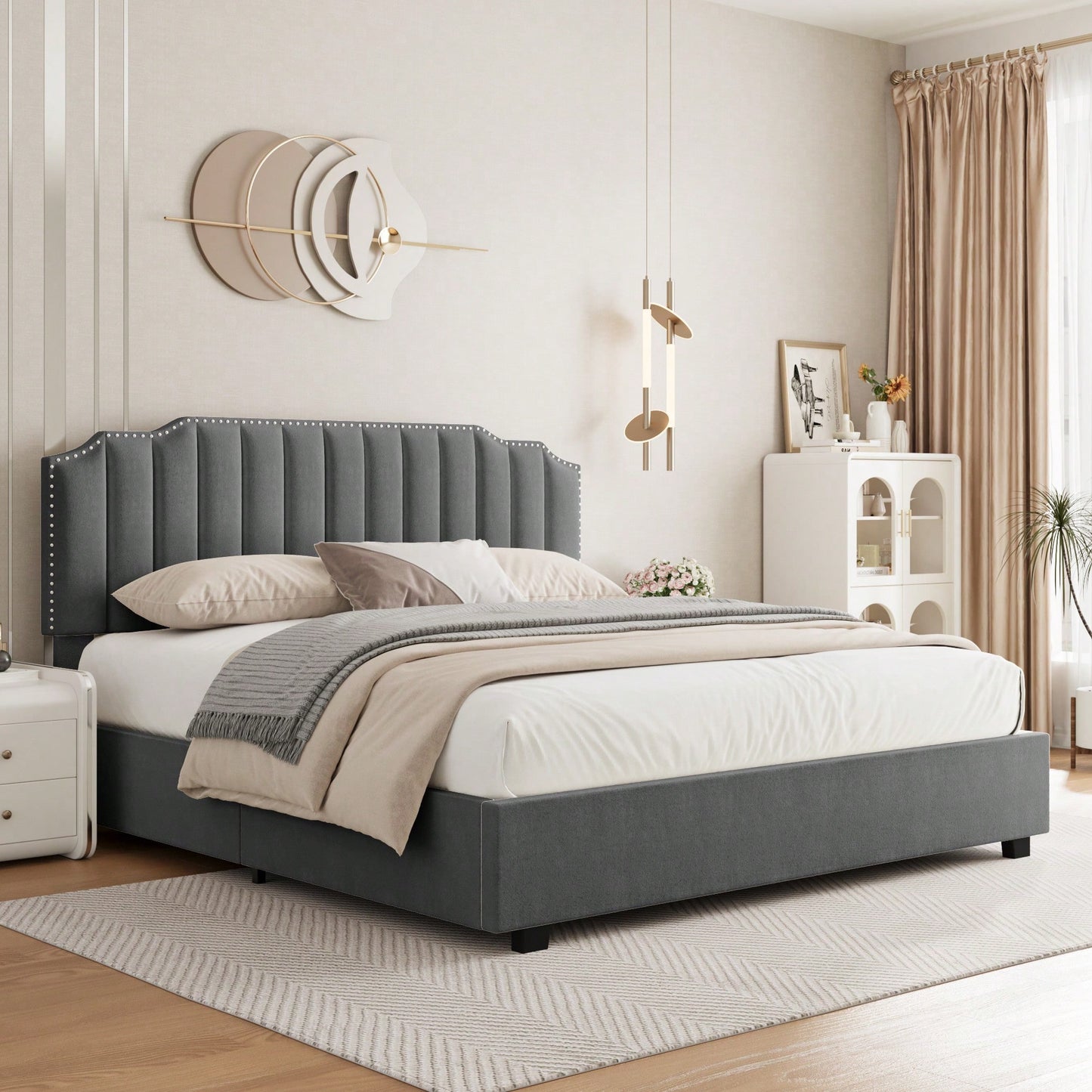 Elegant Grey Velvet Queen Size Bed With Lift-Up Storage