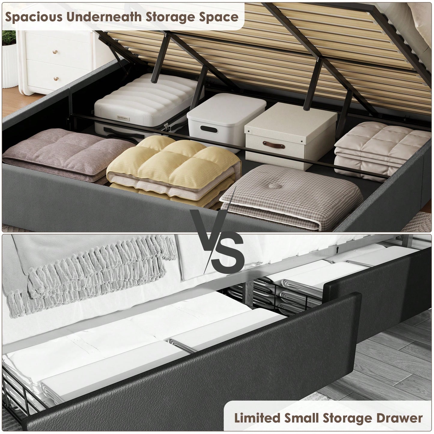 Elegant Grey Velvet Queen Size Bed With Lift-Up Storage