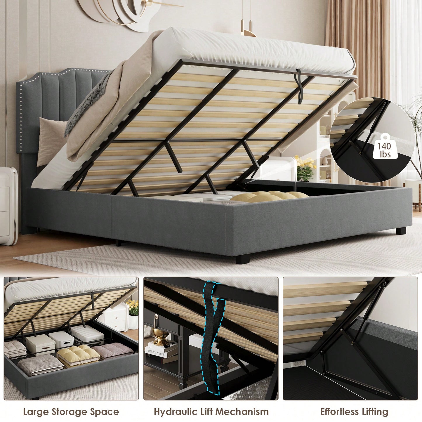 Elegant Grey Velvet Queen Size Bed With Lift-Up Storage