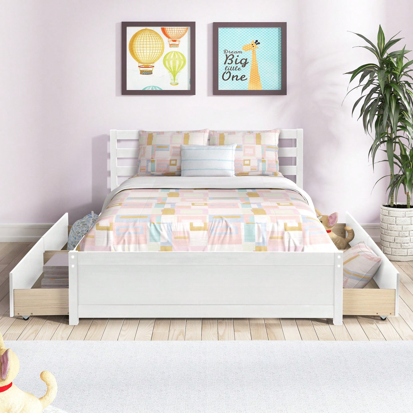 Full Size White Wood Platform Bed Frame With 4 Storage Drawers And Headboard For All Ages
