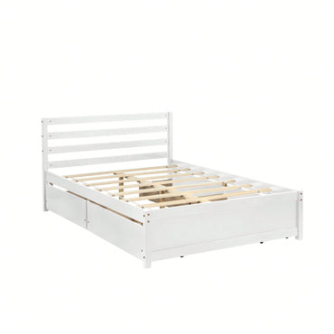 Full Size White Wood Platform Bed Frame With 4 Storage Drawers And Headboard For All Ages