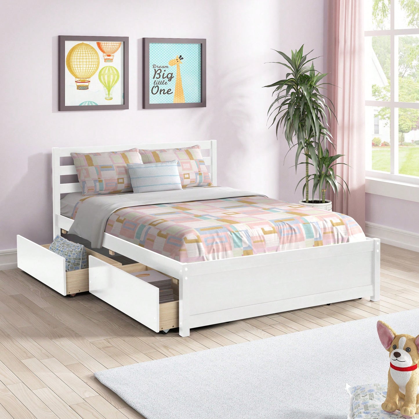 Full Size White Wood Platform Bed Frame With 4 Storage Drawers And Headboard For All Ages