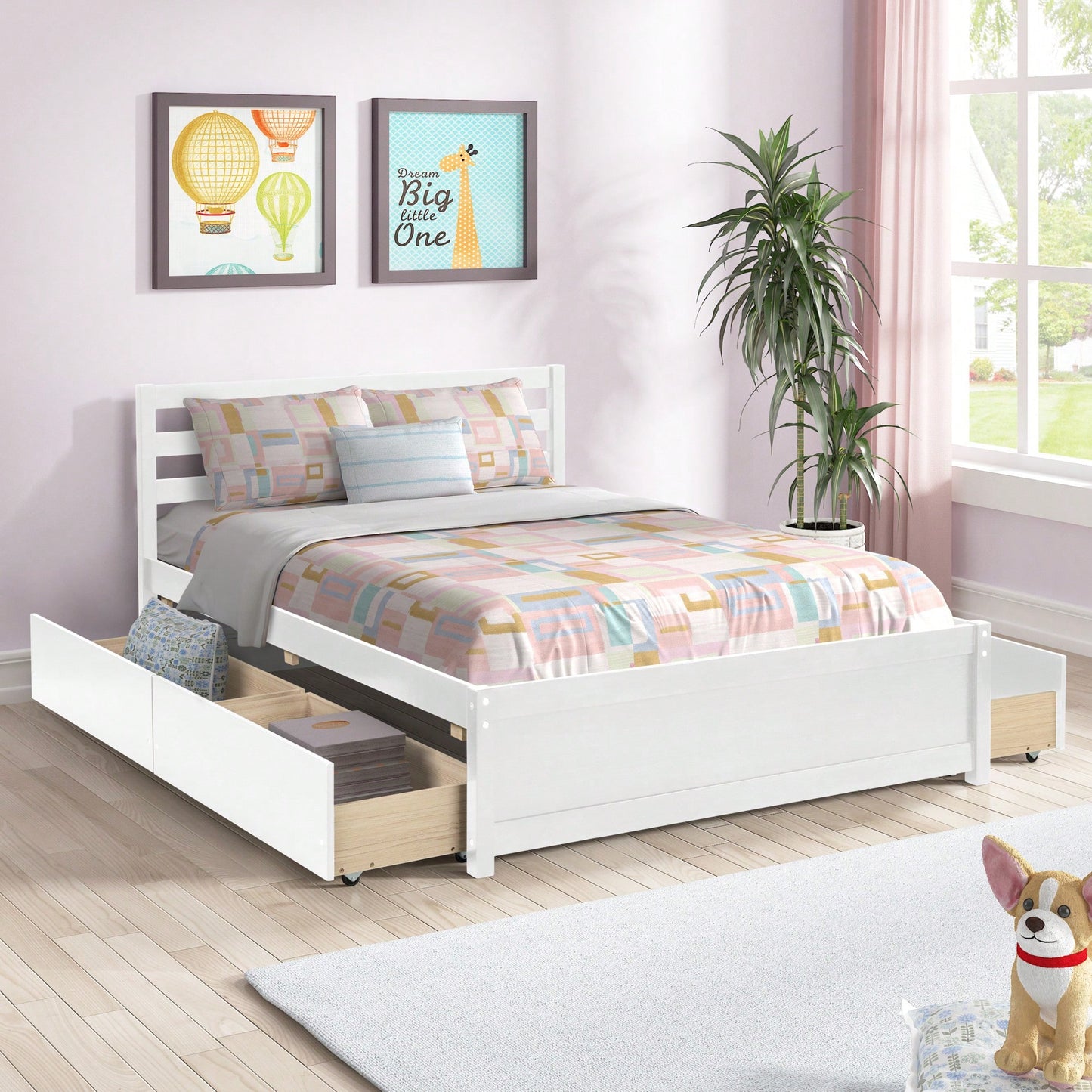 Full Size White Wood Platform Bed Frame With 4 Storage Drawers And Headboard For All Ages
