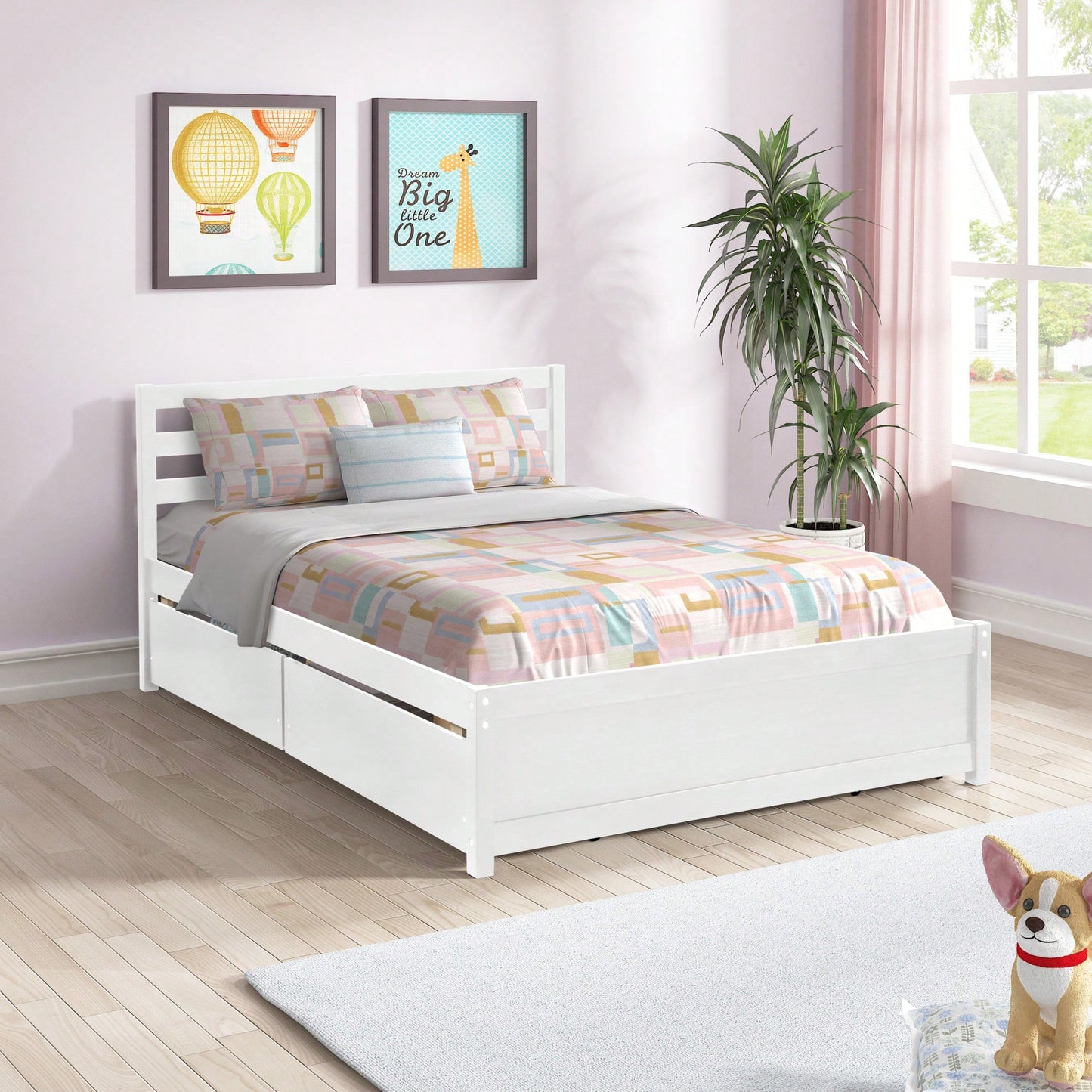Full Size White Wood Platform Bed Frame With 4 Storage Drawers And Headboard For All Ages