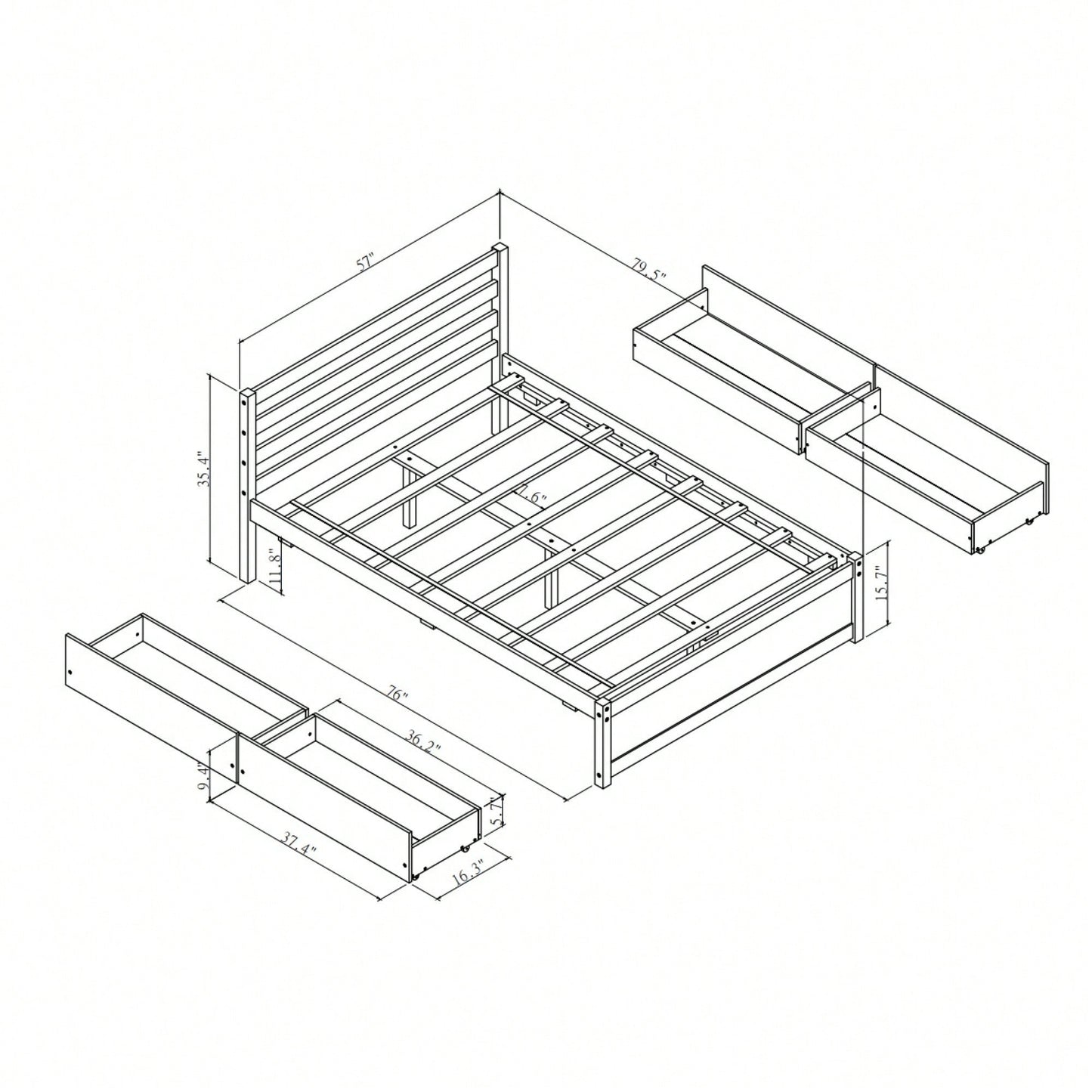 Full Size White Wood Platform Bed Frame With 4 Storage Drawers And Headboard For All Ages