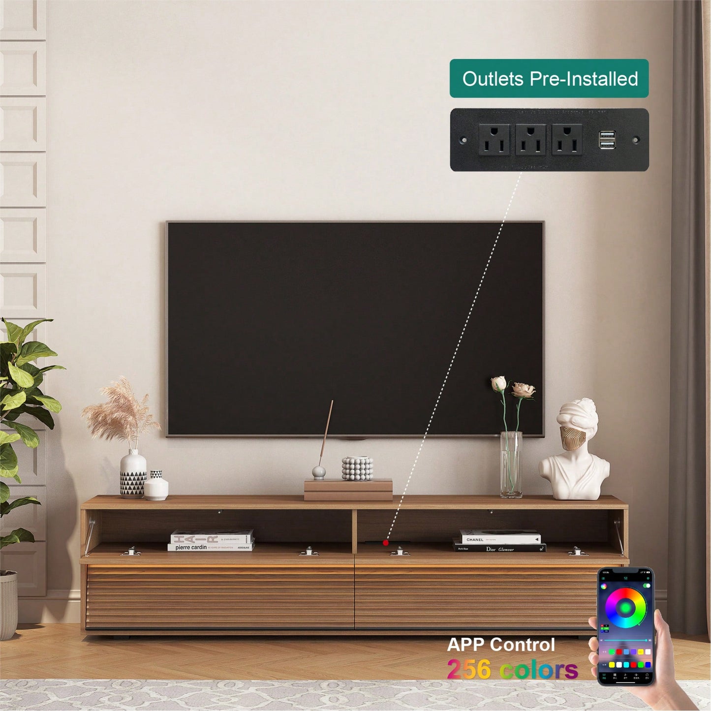 Modern 68 Inch Floating TV Stand With 16 Color LED Lights For 55 To 65 Inch TVs Stylish Wall Mounted Entertainment Center In Wood