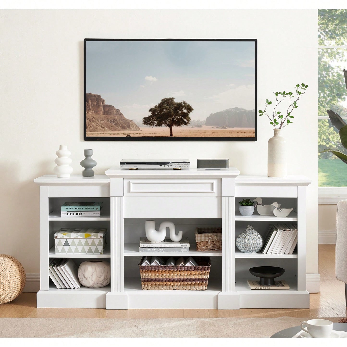 Modern White Media Console Table With Ample Storage Space For TV And Entertainment Systems 65.75 Inch Wide