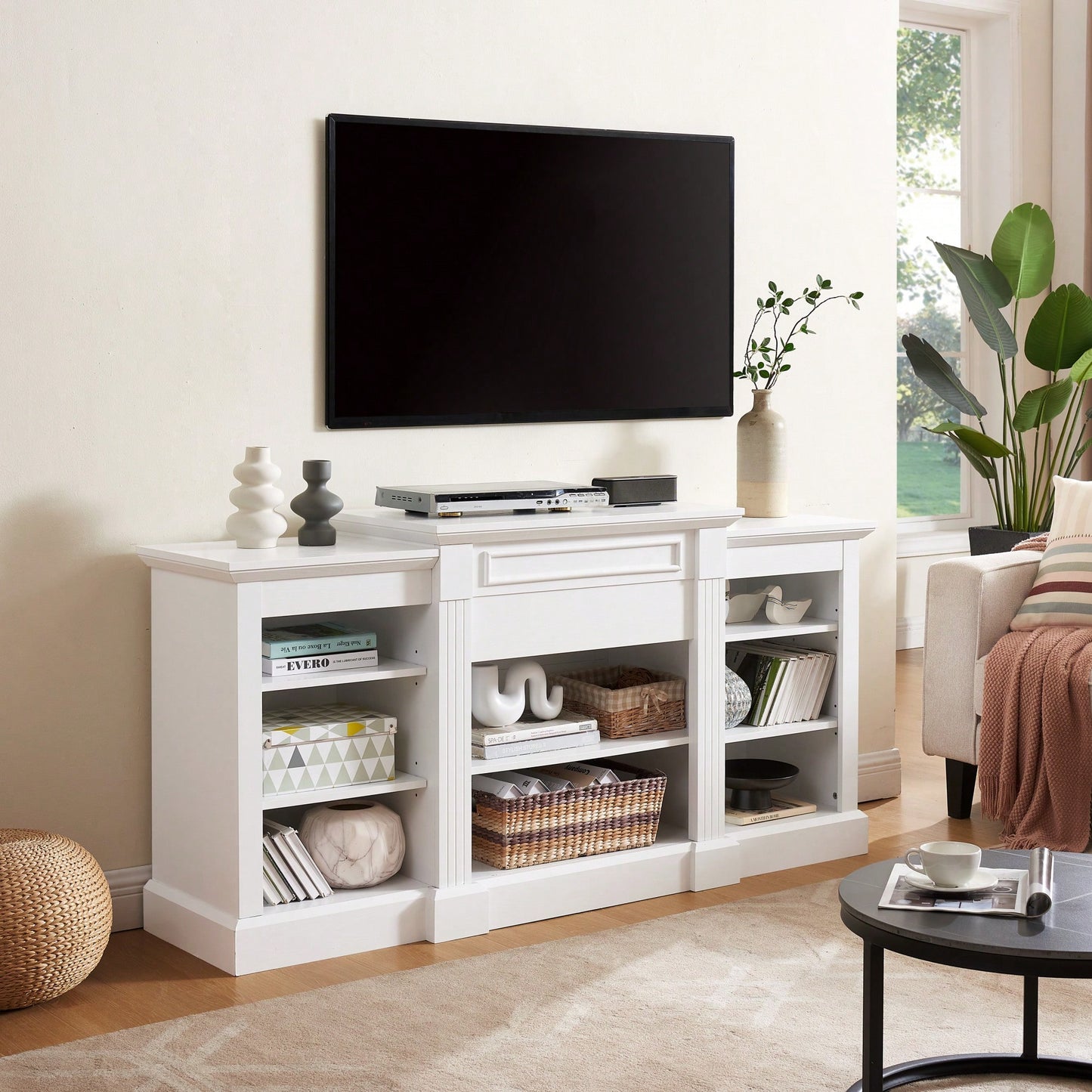 Modern White Media Console Table With Ample Storage Space For TV And Entertainment Systems 65.75 Inch Wide