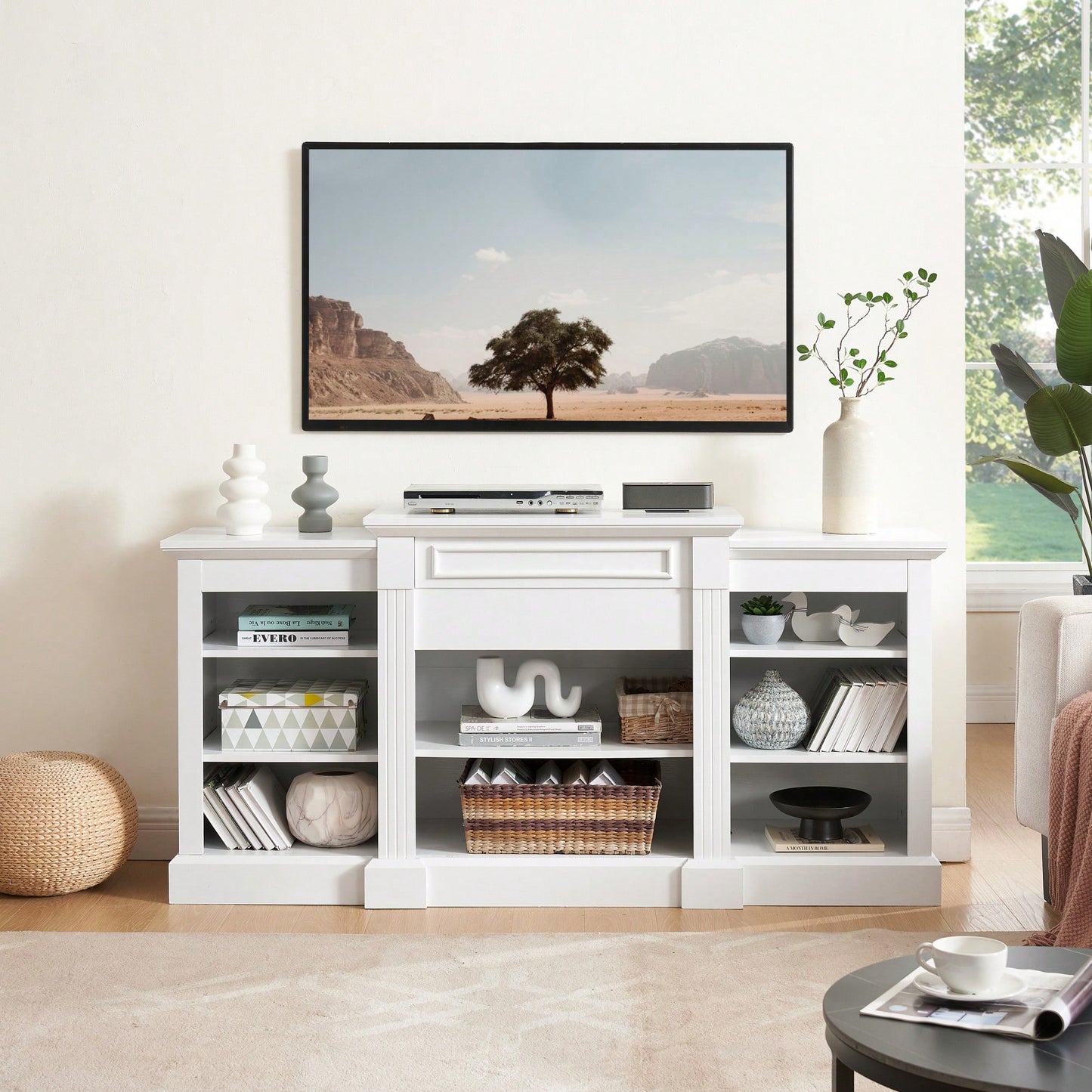 Modern White Media Console Table With Ample Storage Space For TV And Entertainment Systems 65.75 Inch Wide