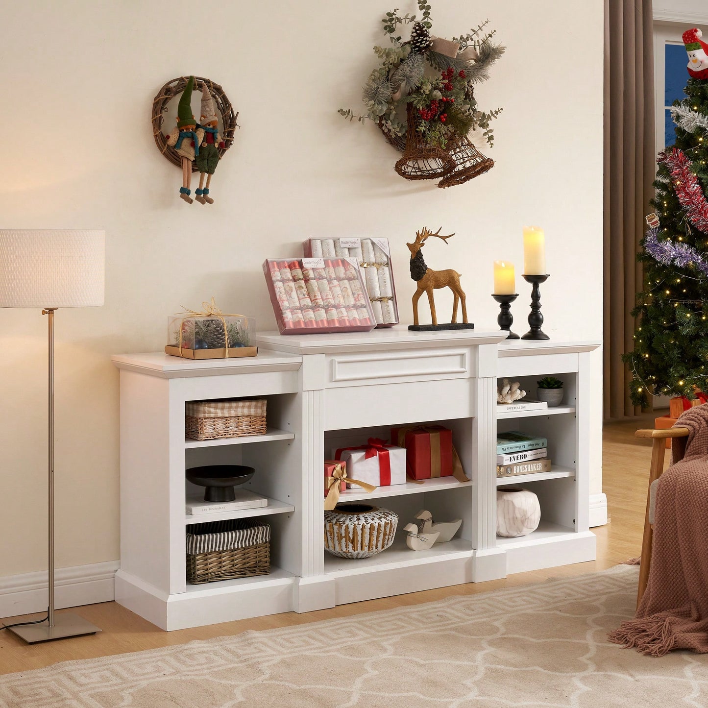 Modern White Media Console Table With Ample Storage Space For TV And Entertainment Systems 65.75 Inch Wide