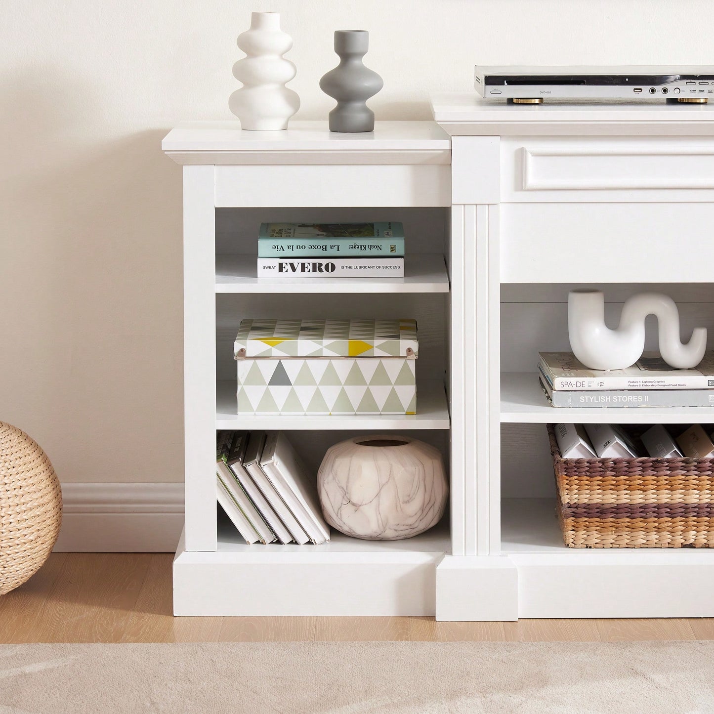 Modern White Media Console Table With Ample Storage Space For TV And Entertainment Systems 65.75 Inch Wide