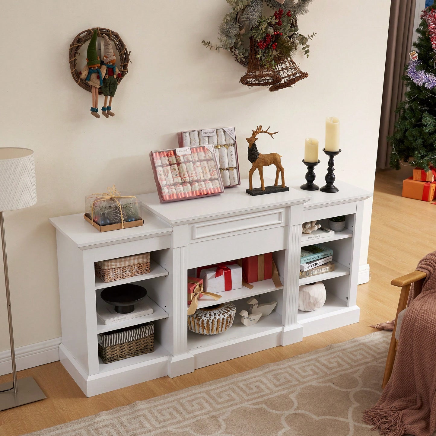 Modern White Media Console Table With Ample Storage Space For TV And Entertainment Systems 65.75 Inch Wide