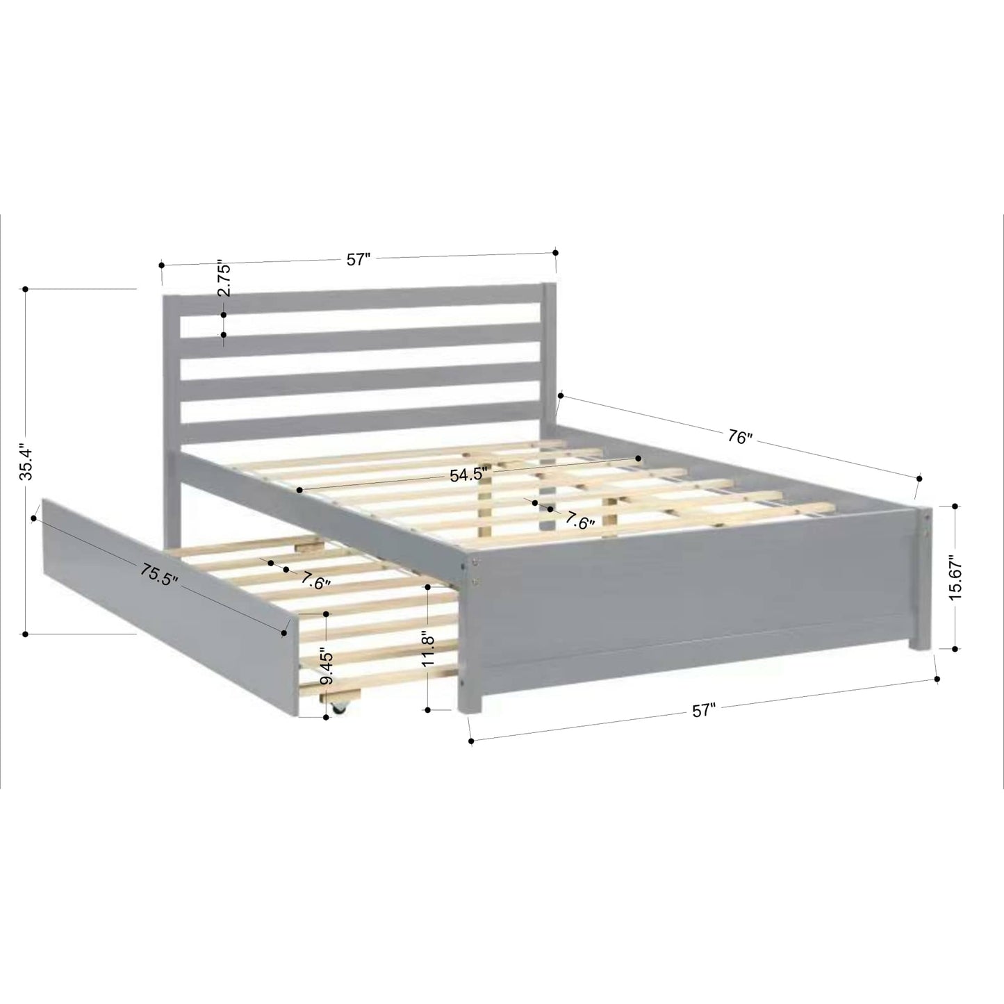 Full Size Wood Platform Bed Frame With Headboard And Twin Trundle For Space-Saving Solutions Grey
