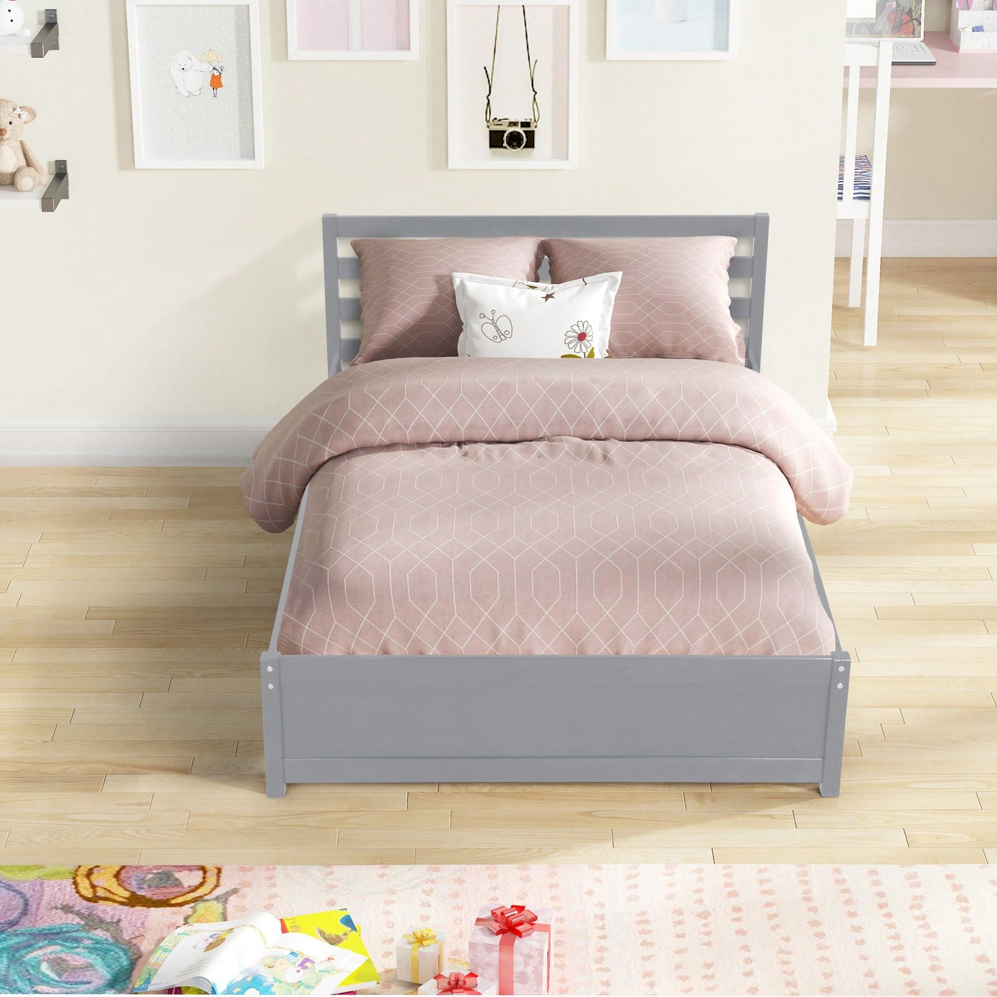 Full Size Wood Platform Bed Frame With Headboard And Twin Trundle For Space-Saving Solutions Grey