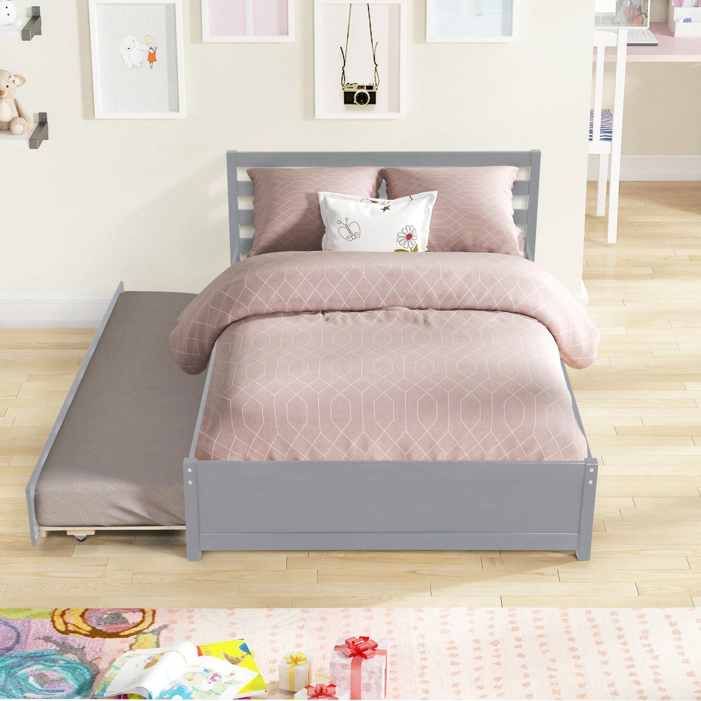 Full Size Wood Platform Bed Frame With Headboard And Twin Trundle For Space-Saving Solutions Grey