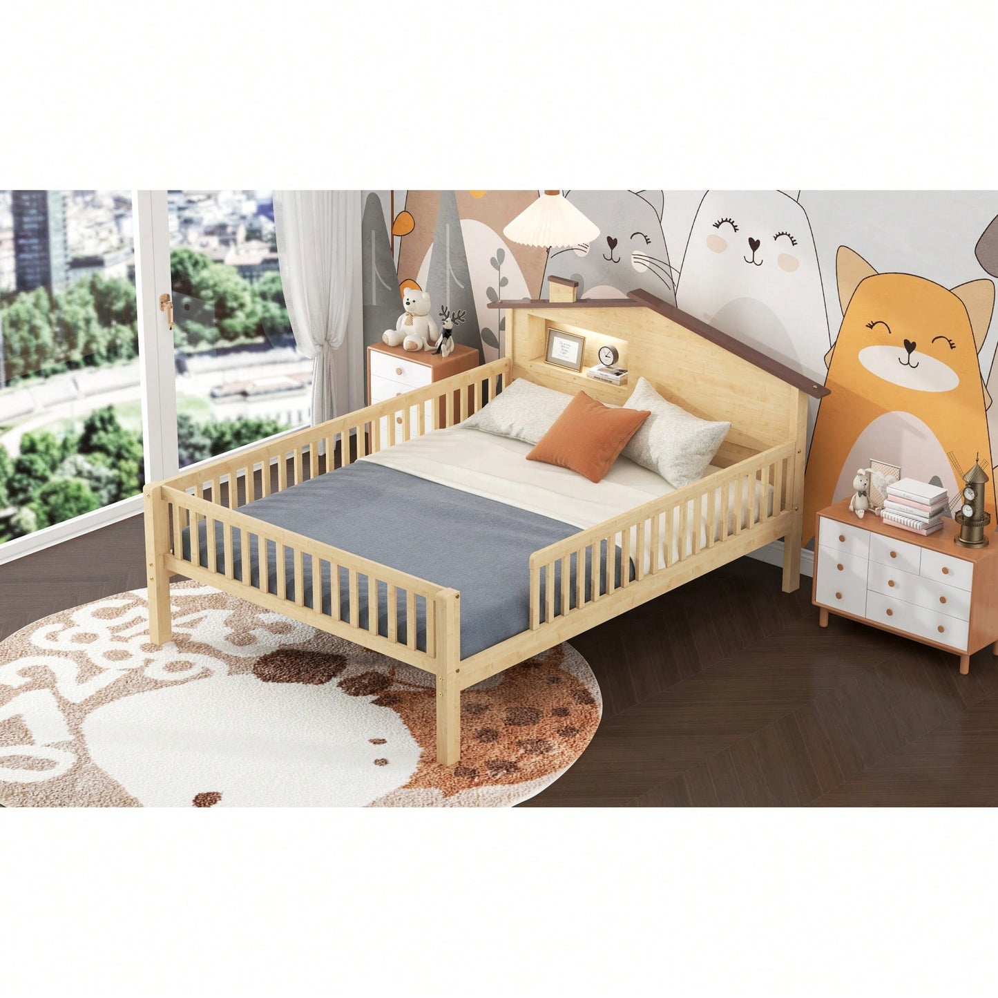 House-Shaped Full Size Wood Platform Bed With LED Lights And Built-In Storage In White