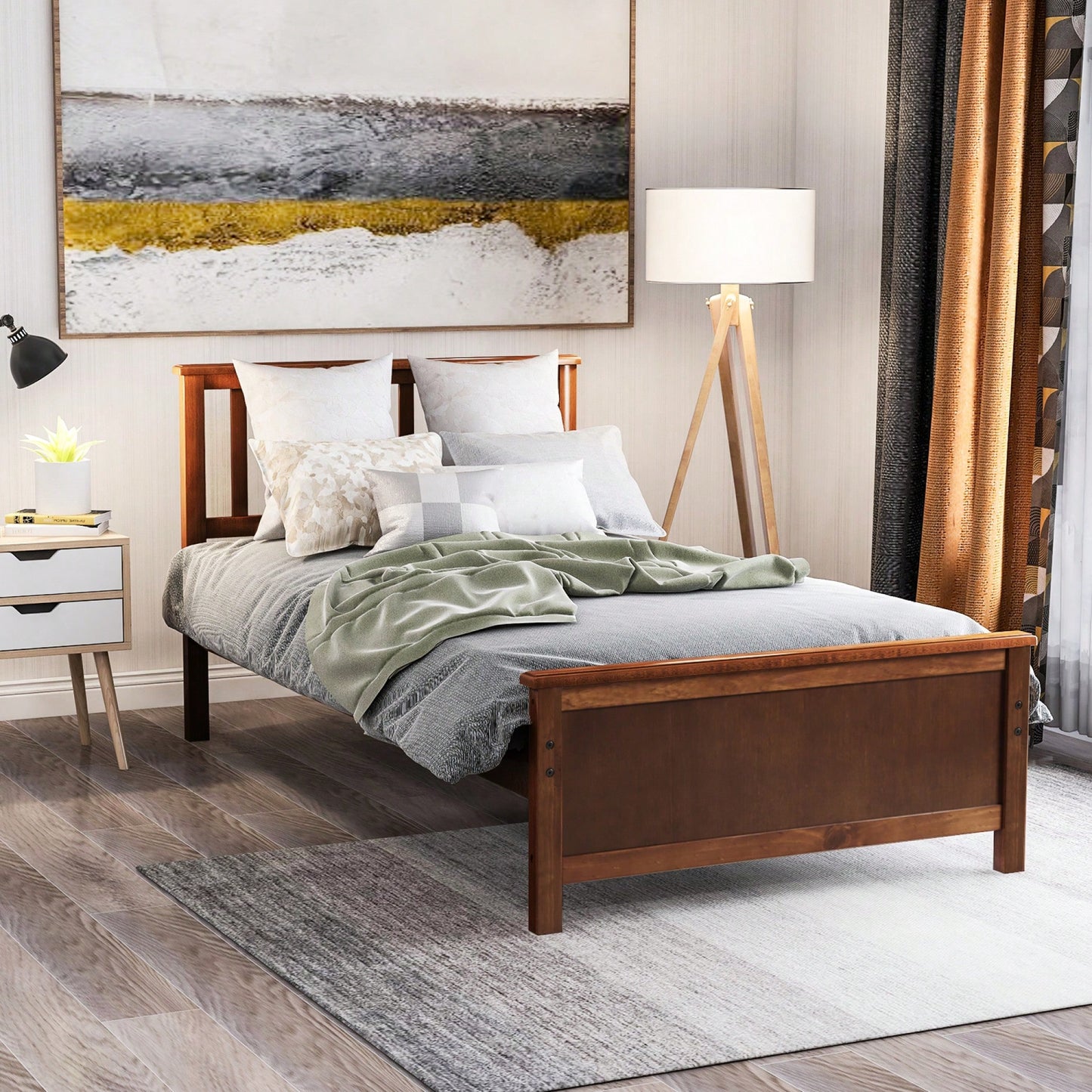 Twin Platform Wood Bed With Headboard And Footboard, Slat Support In Walnut Finish