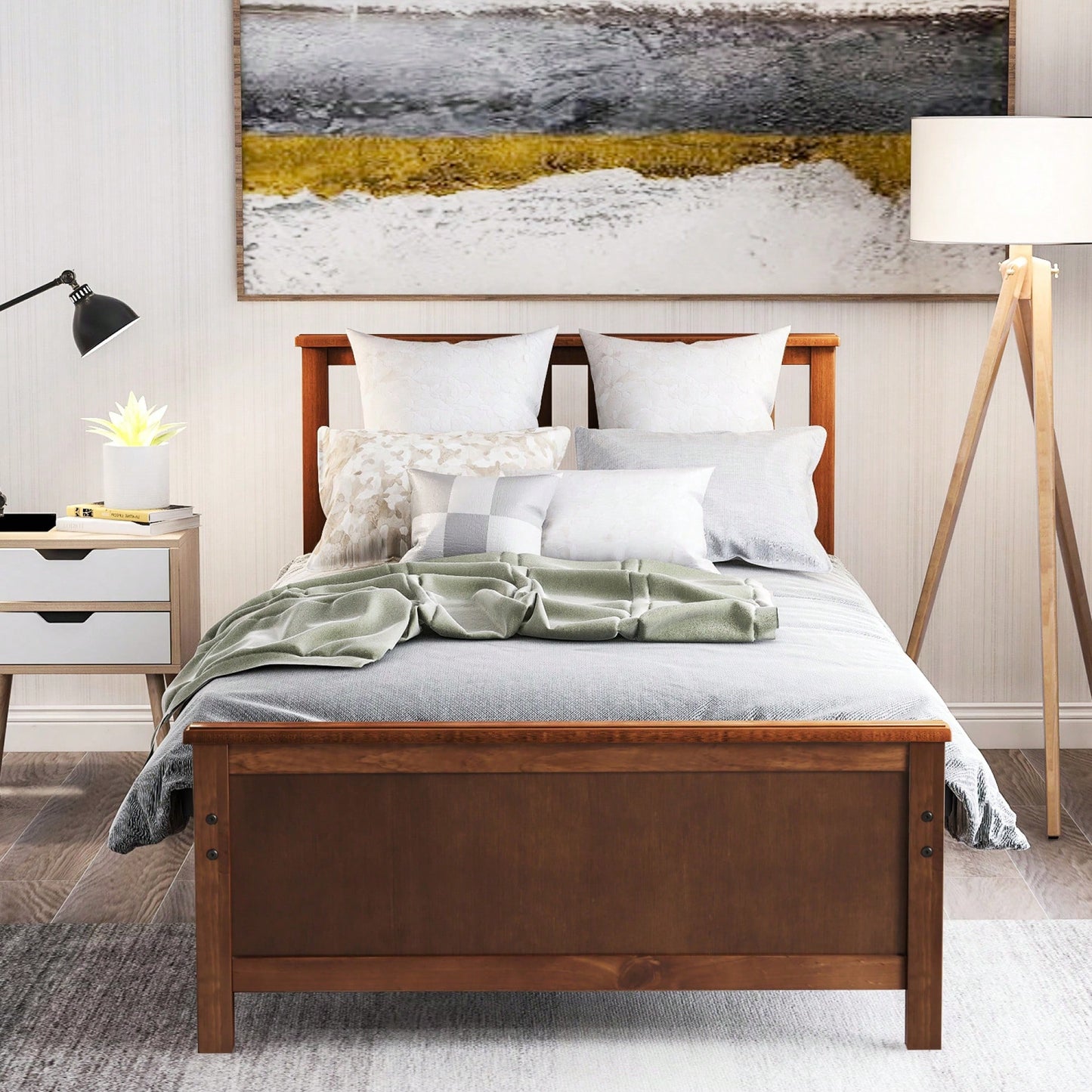 Twin Platform Wood Bed With Headboard And Footboard, Slat Support In Walnut Finish
