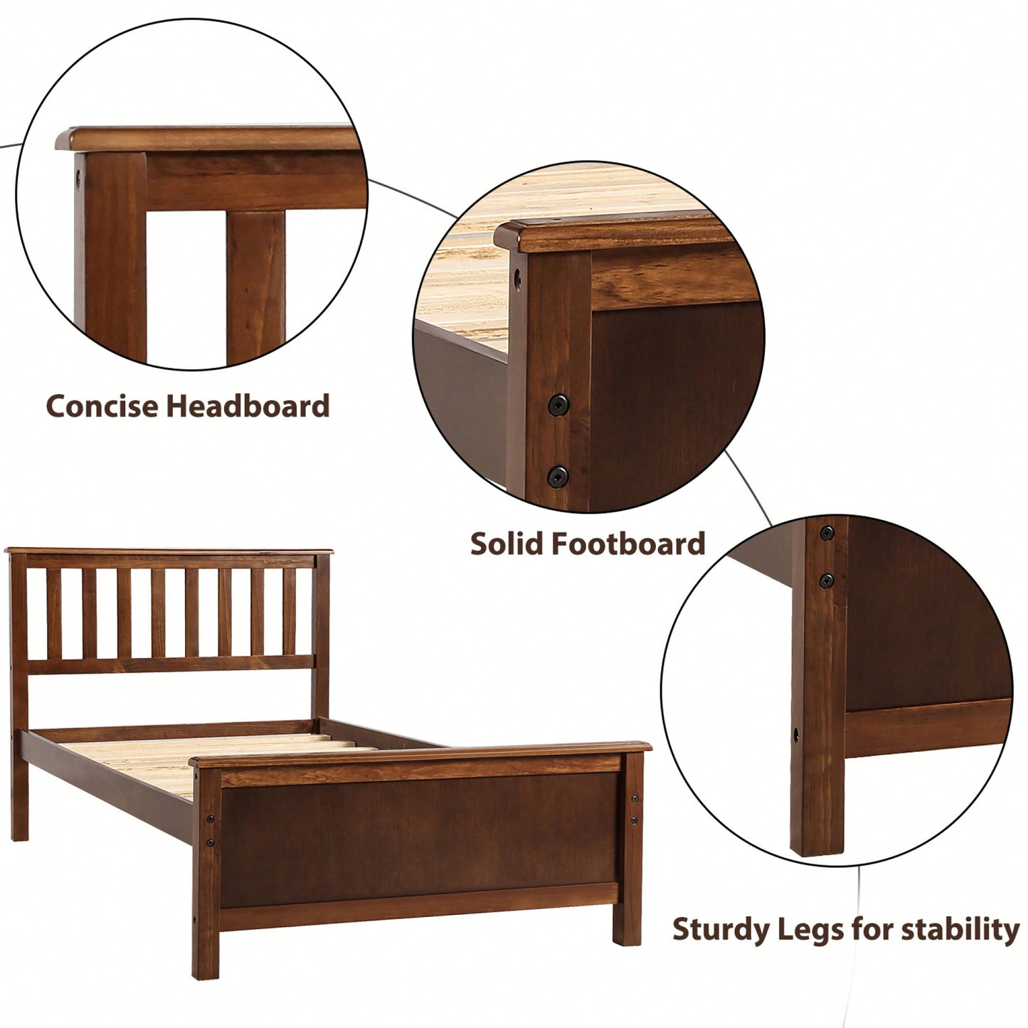 Twin Platform Wood Bed With Headboard And Footboard, Slat Support In Walnut Finish