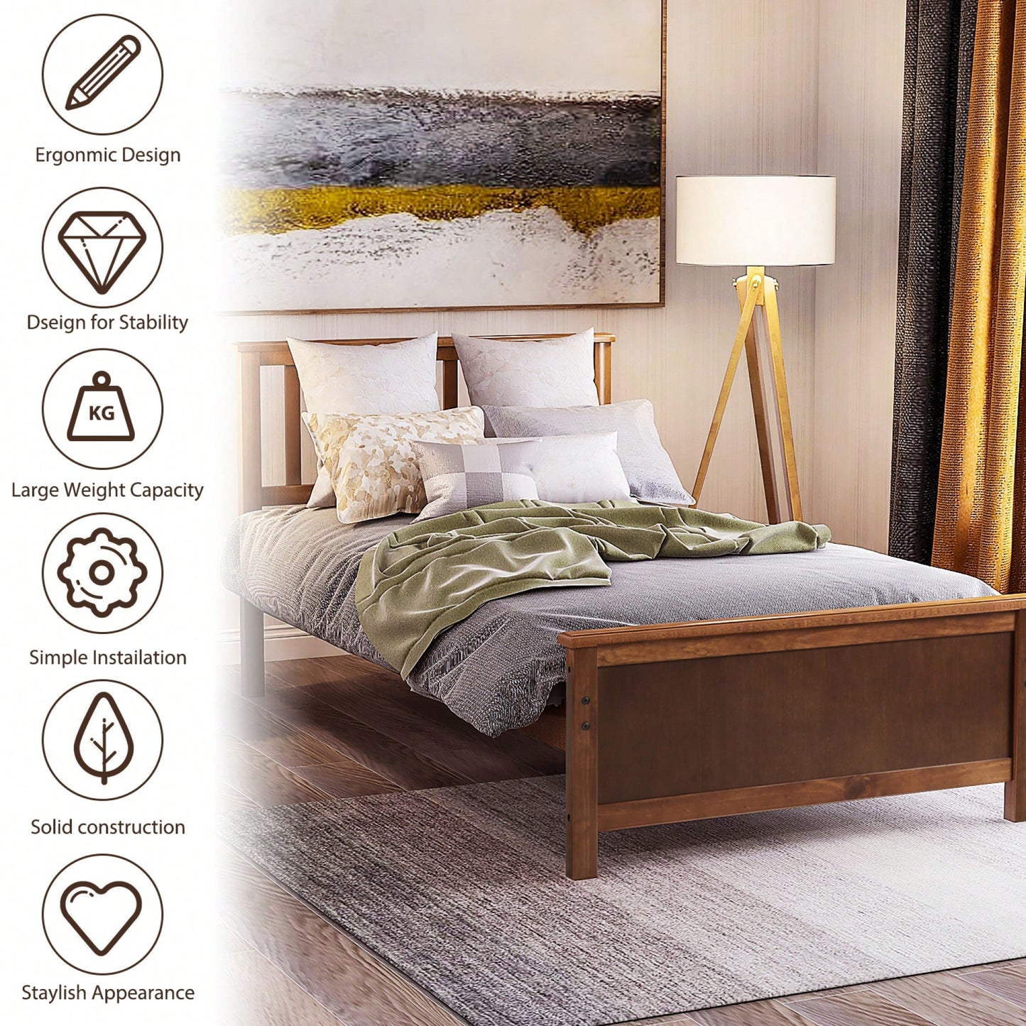 Twin Platform Wood Bed With Headboard And Footboard, Slat Support In Walnut Finish