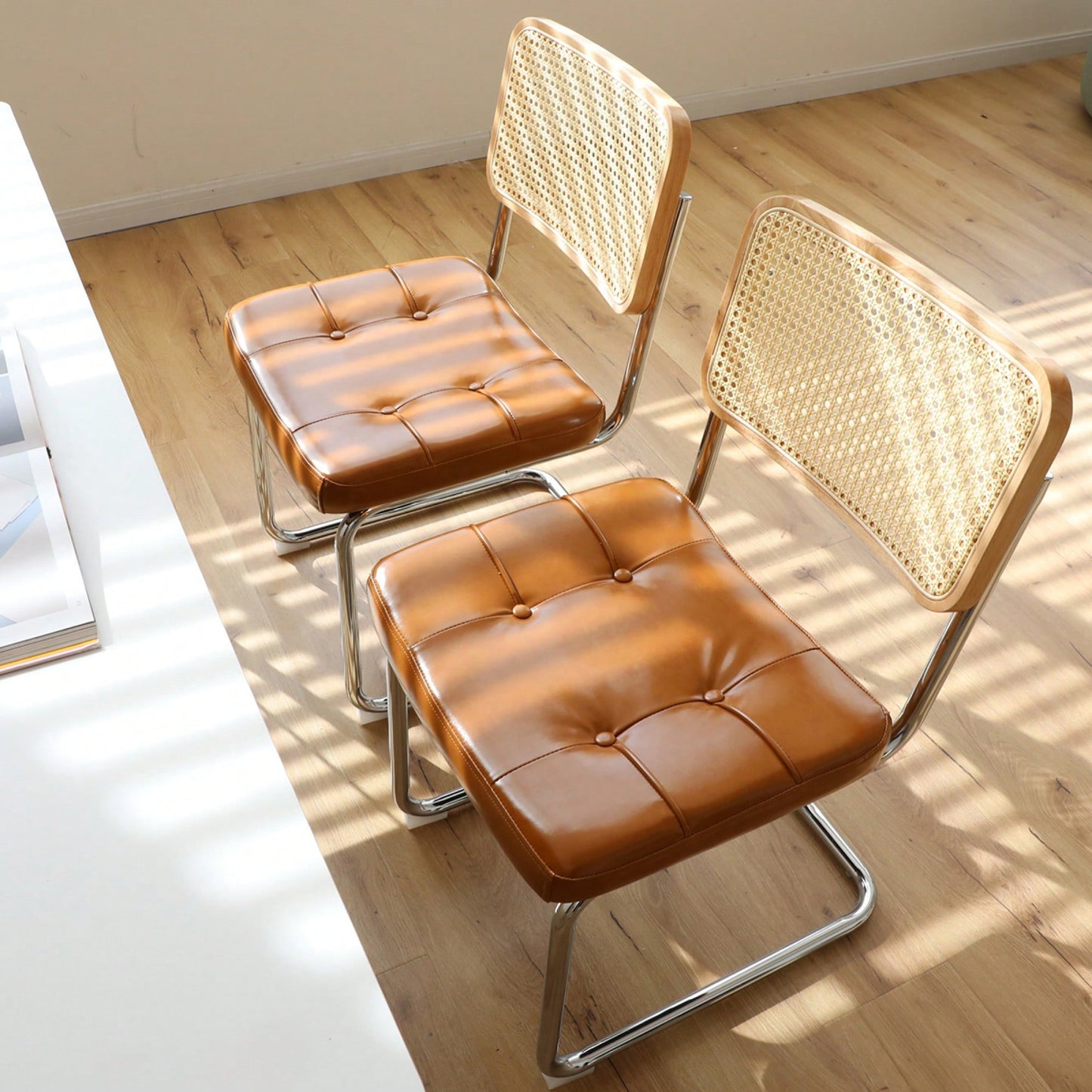 Set Of 2 Modern Faux Leather Rattan Accent Chairs With Chrome Legs For Dining Living Room Kitchen Brown