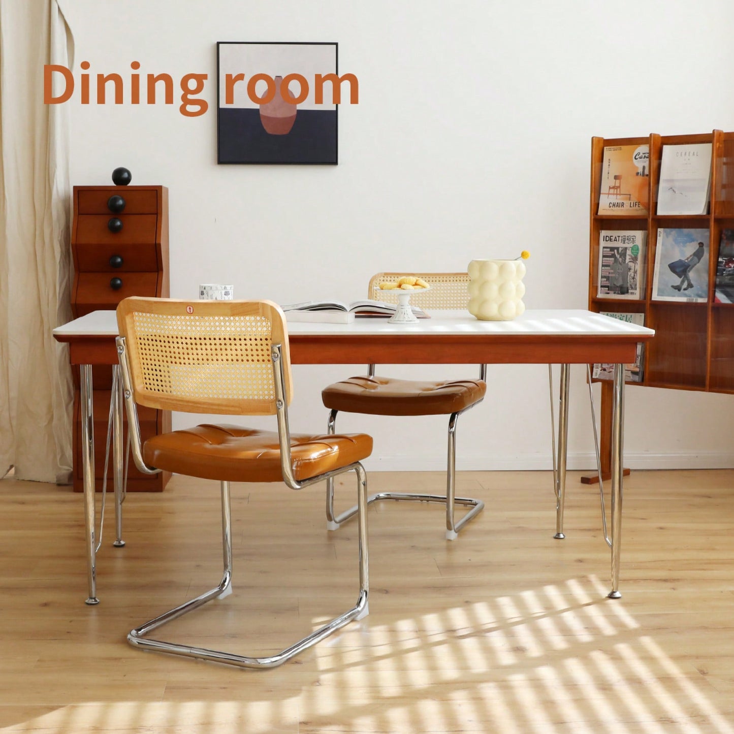 Set Of 2 Modern Faux Leather Rattan Accent Chairs With Chrome Legs For Dining Living Room Kitchen Brown
