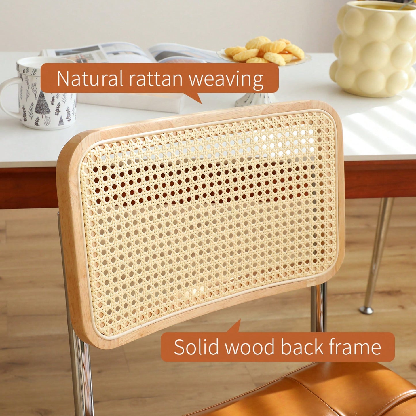 Set Of 2 Modern Faux Leather Rattan Accent Chairs With Chrome Legs For Dining Living Room Kitchen Brown