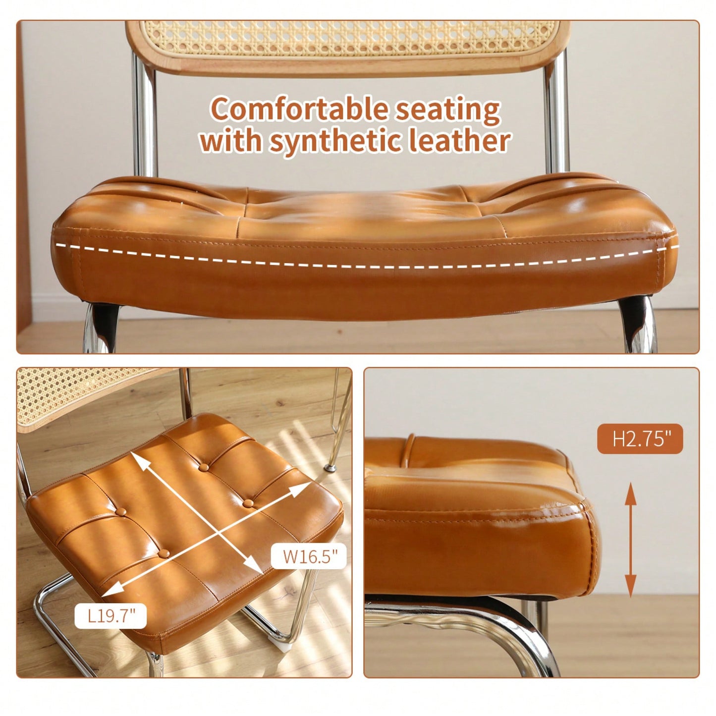 Set Of 2 Modern Faux Leather Rattan Accent Chairs With Chrome Legs For Dining Living Room Kitchen Brown