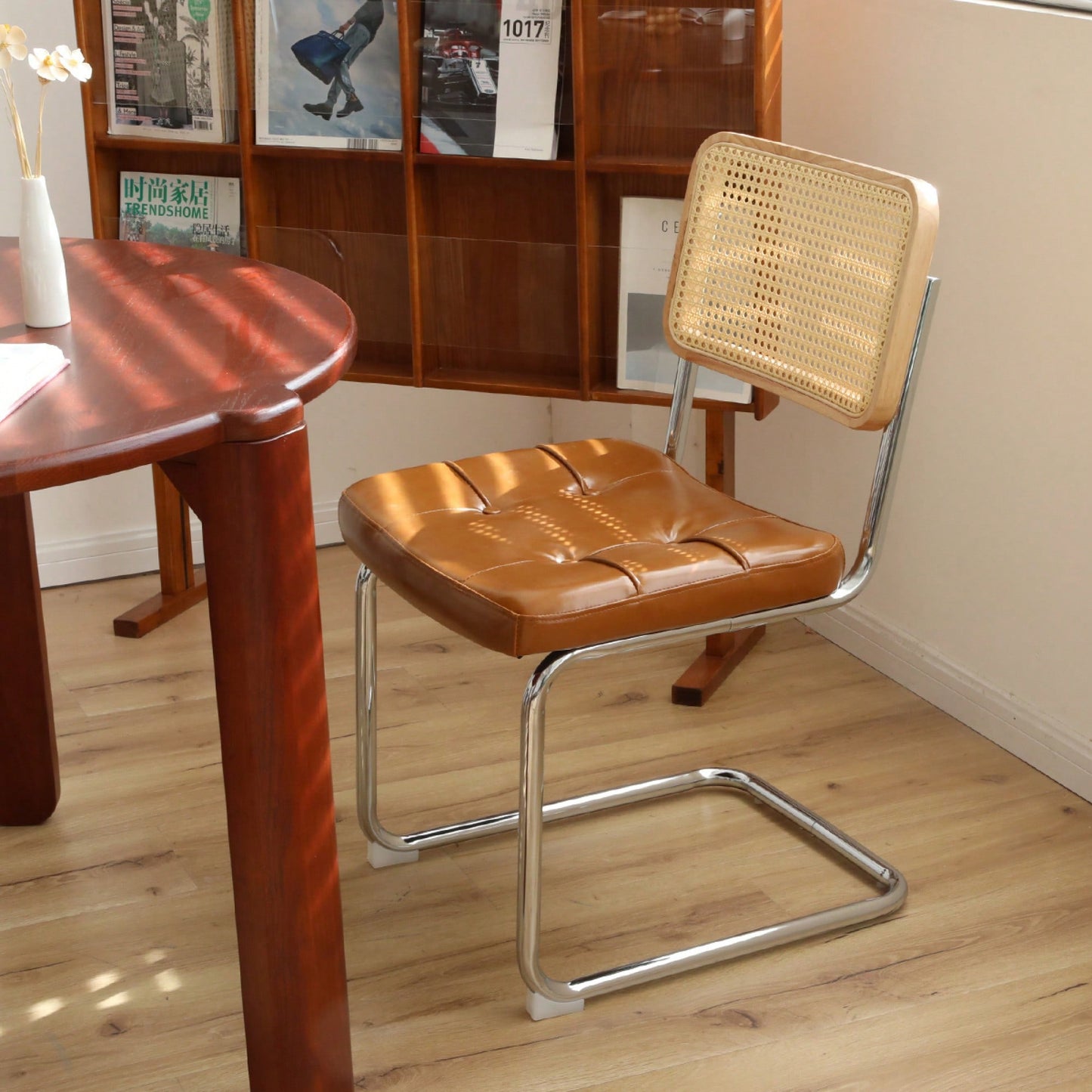 Set Of 2 Modern Faux Leather Rattan Accent Chairs With Chrome Legs For Dining Living Room Kitchen Brown