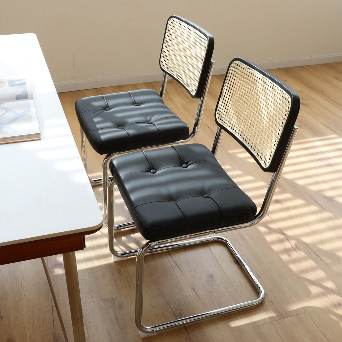 Set Of 2 Modern Faux Leather Rattan Accent Chairs With Chrome Legs For Dining Living Room Kitchen Brown