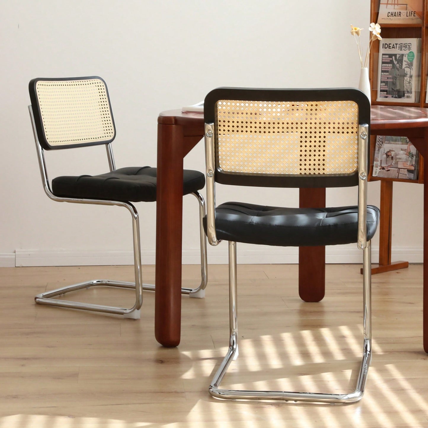 Set Of 2 Modern Faux Leather Rattan Accent Chairs With Chrome Legs For Dining Living Room Kitchen Brown