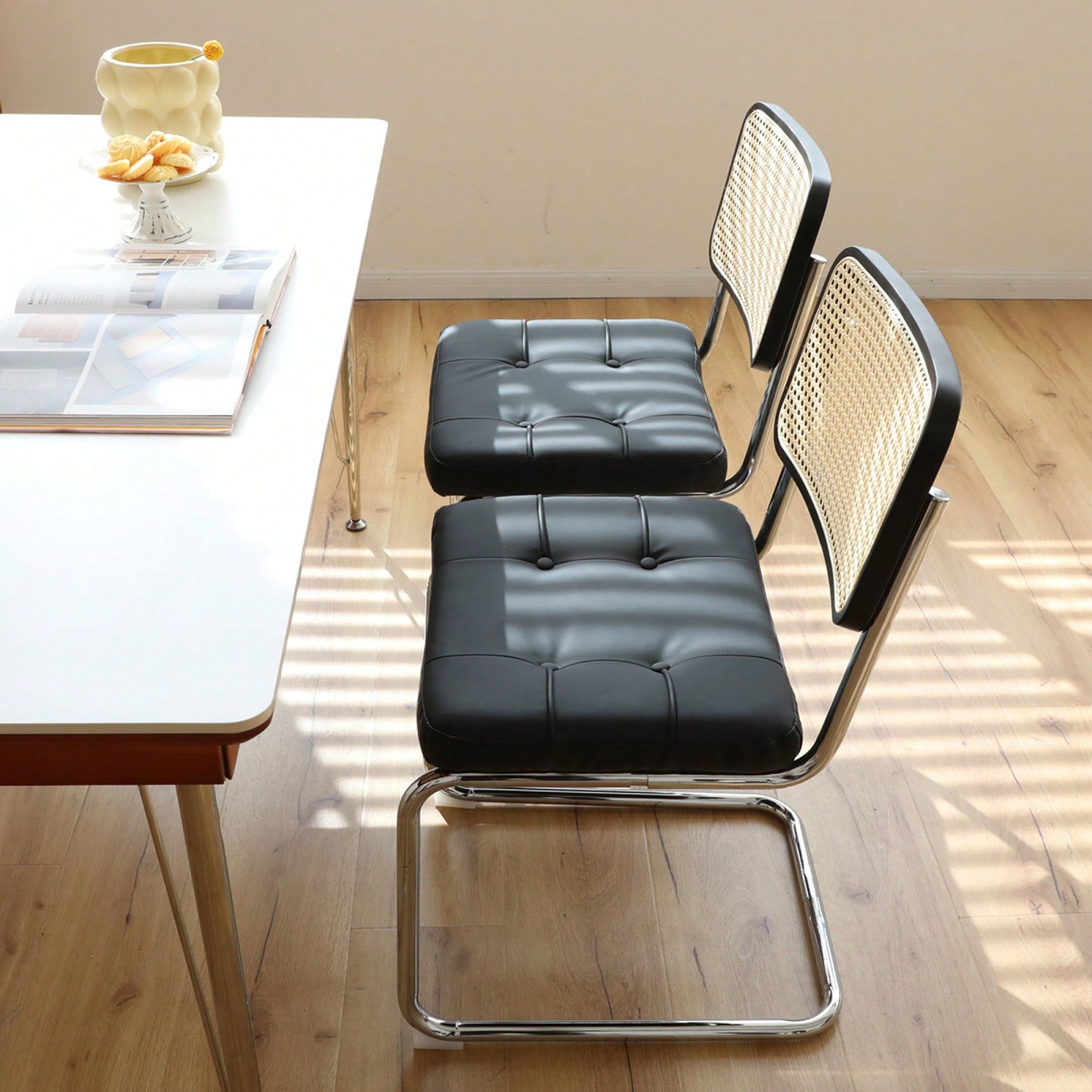 Set Of 2 Modern Faux Leather Rattan Accent Chairs With Chrome Legs For Dining Living Room Kitchen Brown