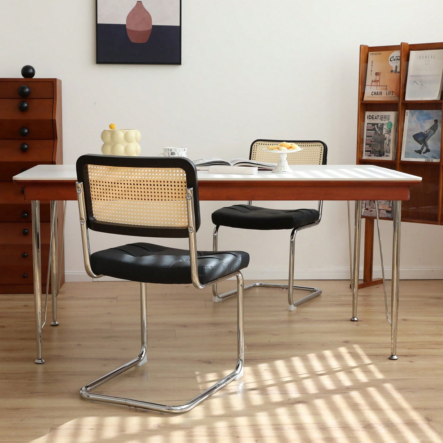 Set Of 2 Modern Faux Leather Rattan Accent Chairs With Chrome Legs For Dining Living Room Kitchen Brown