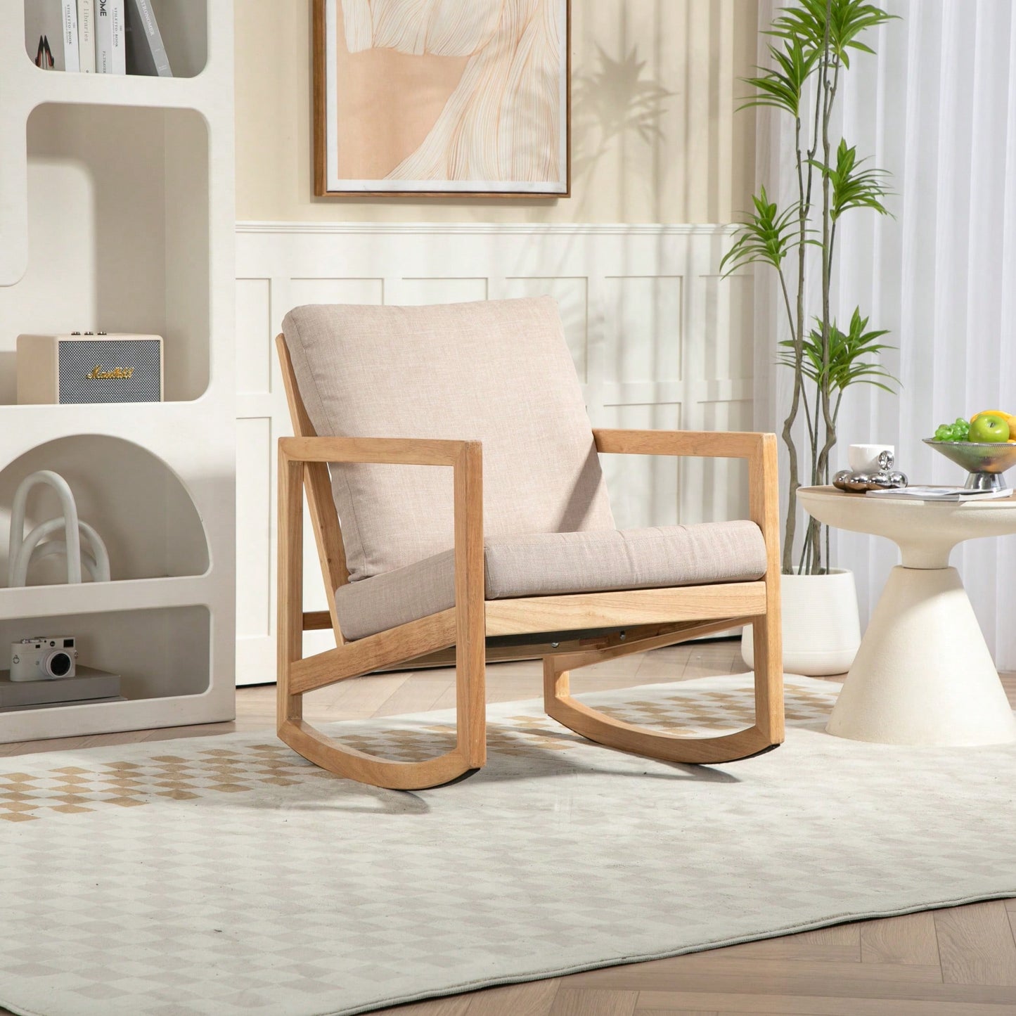 Natural Rubberwood Frame Khaki Upholstered Accent Glider Chair For Relaxation