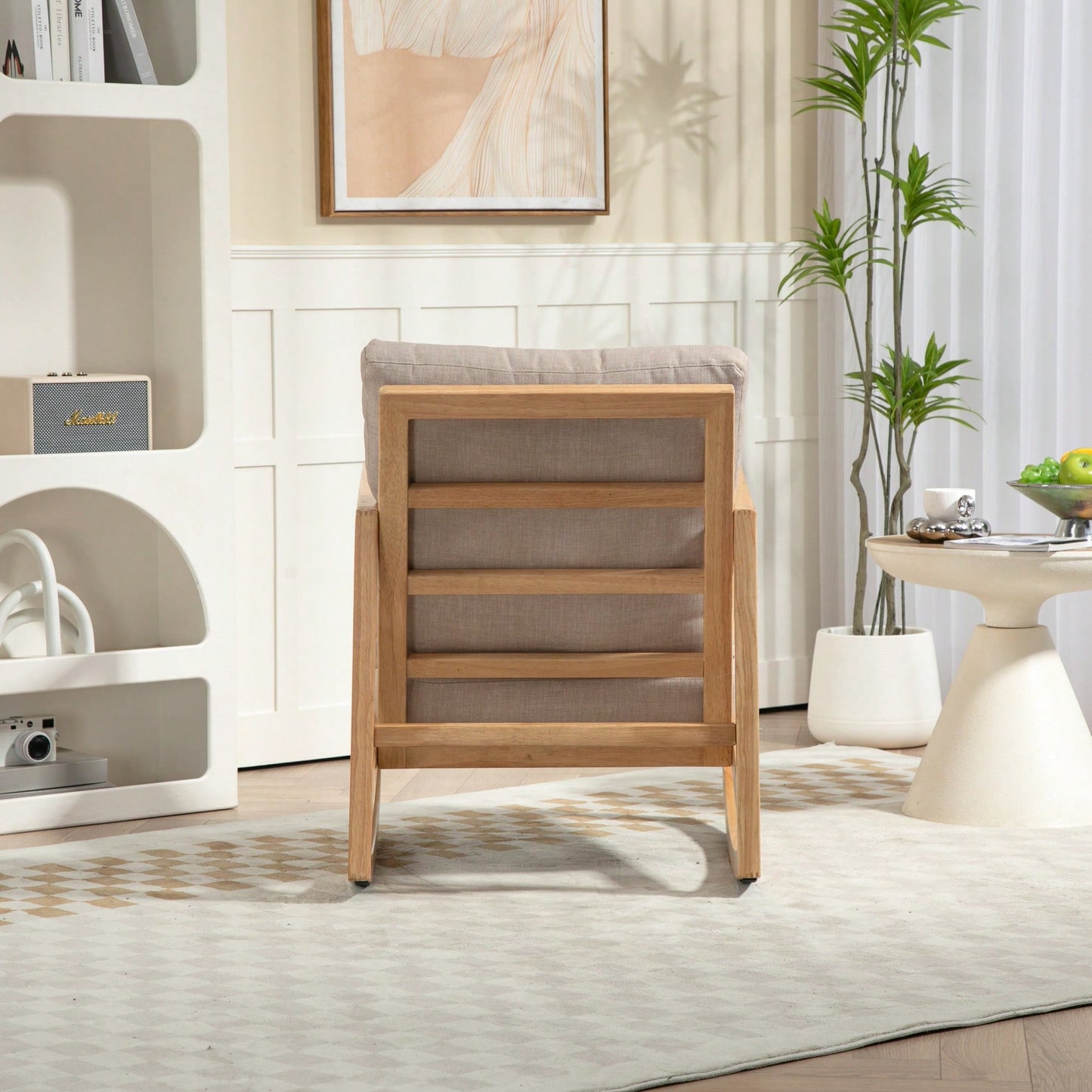 Natural Rubberwood Frame Khaki Upholstered Accent Glider Chair For Relaxation