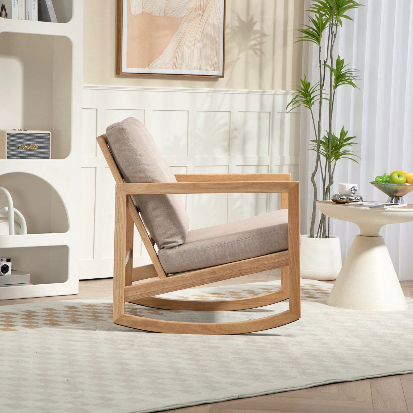 Natural Rubberwood Frame Khaki Upholstered Accent Glider Chair For Relaxation