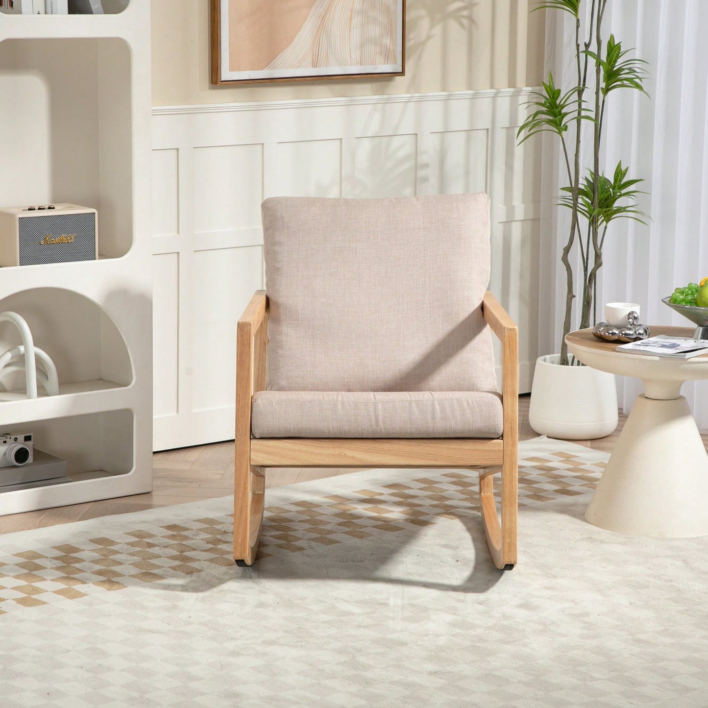 Natural Rubberwood Frame Khaki Upholstered Accent Glider Chair For Relaxation