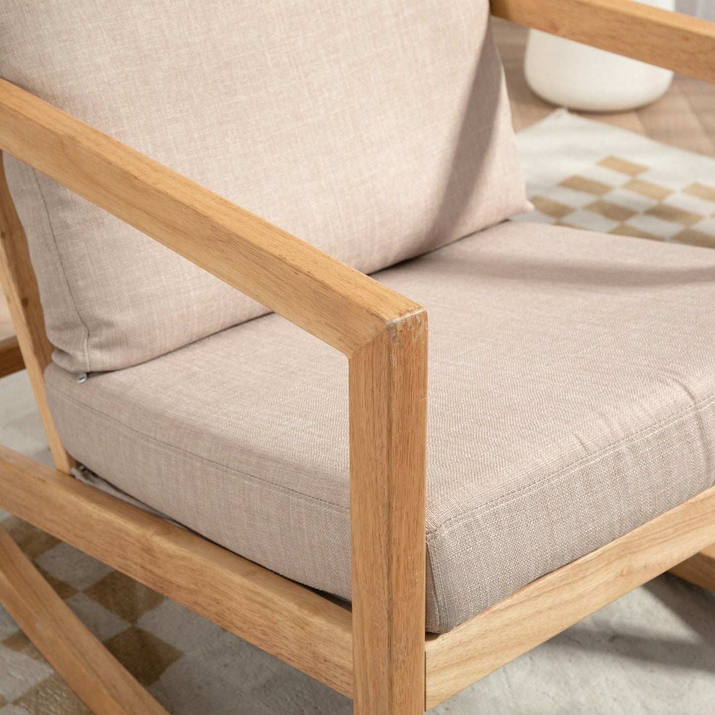Natural Rubberwood Frame Khaki Upholstered Accent Glider Chair For Relaxation