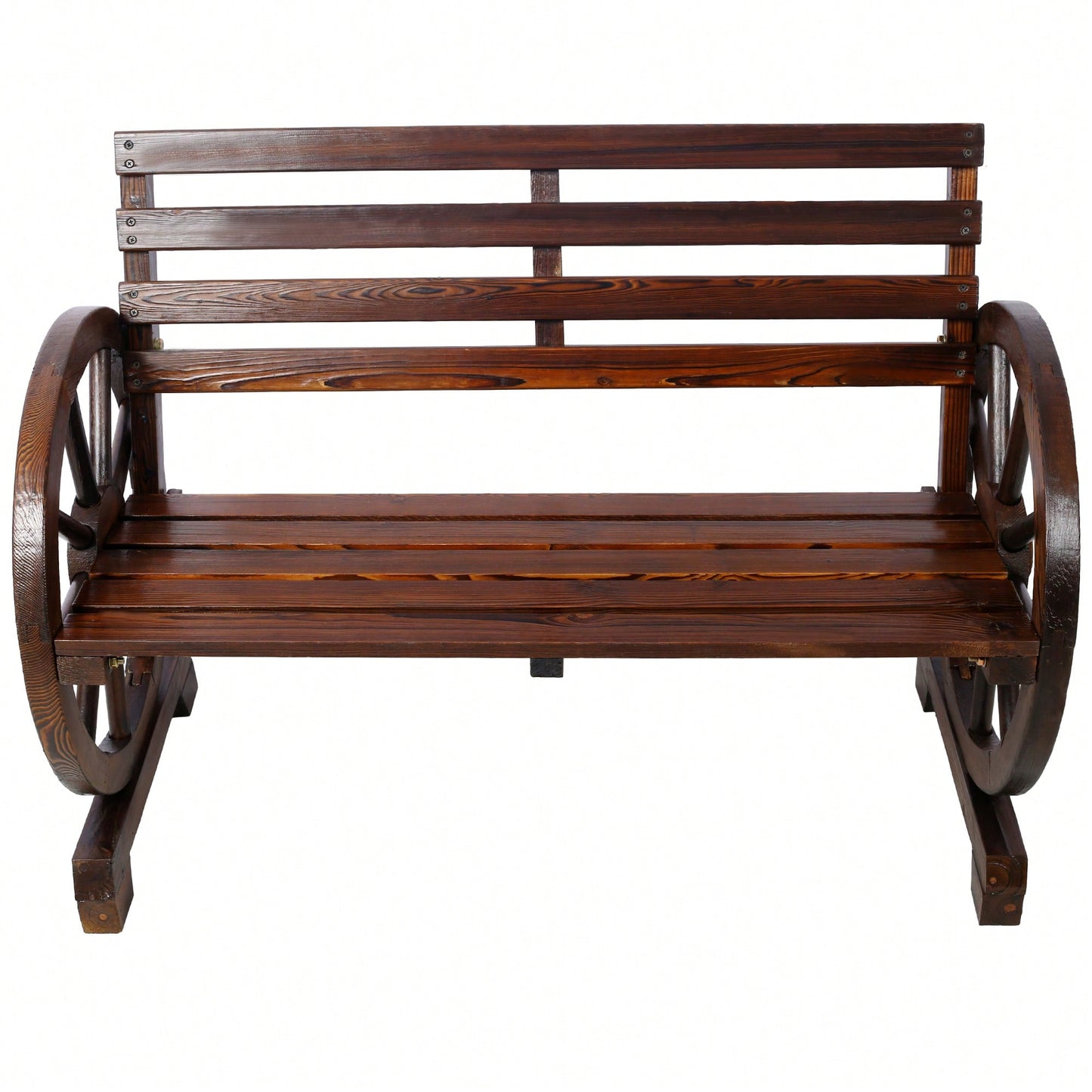 Rustic Wooden Wagon Wheel Bench For Outdoor Patio Garden With Slatted Seat And Backrest - Brown