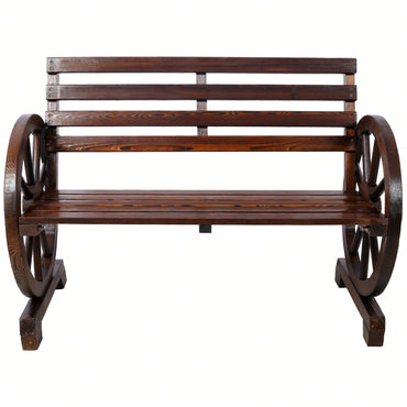 Rustic Wooden Wagon Wheel Bench For Outdoor Patio Garden With Slatted Seat And Backrest - Brown