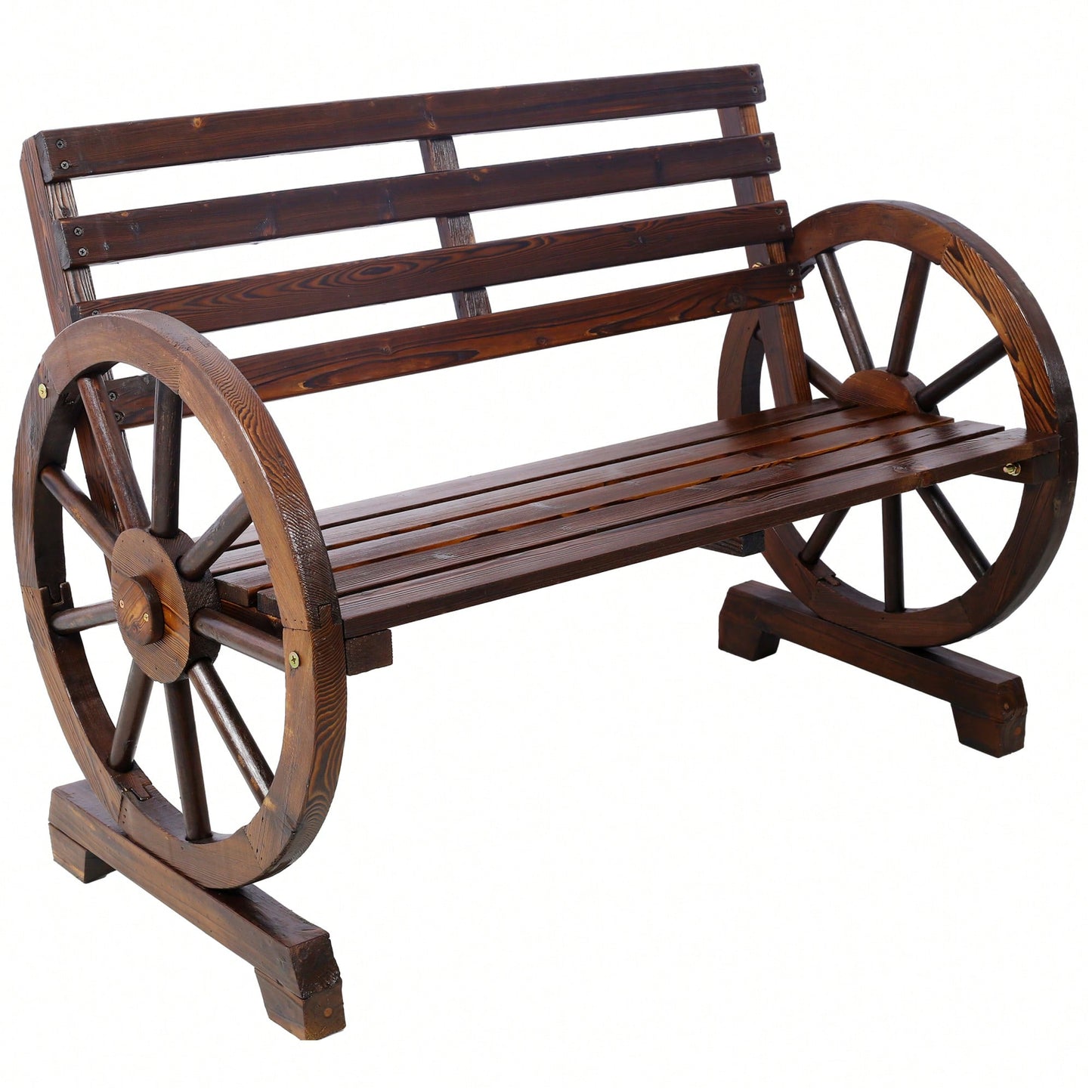 Rustic Wooden Wagon Wheel Bench For Outdoor Patio Garden With Slatted Seat And Backrest - Brown