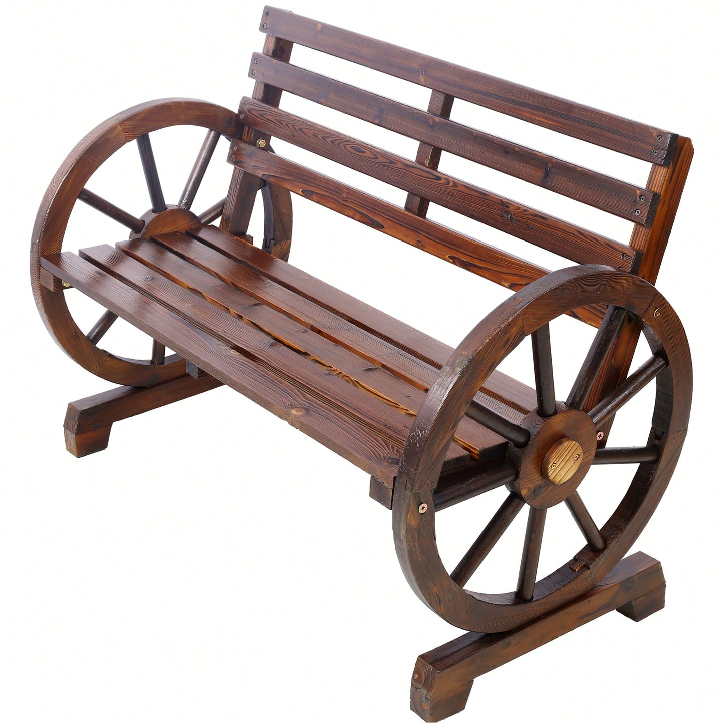 Rustic Wooden Wagon Wheel Bench For Outdoor Patio Garden With Slatted Seat And Backrest - Brown