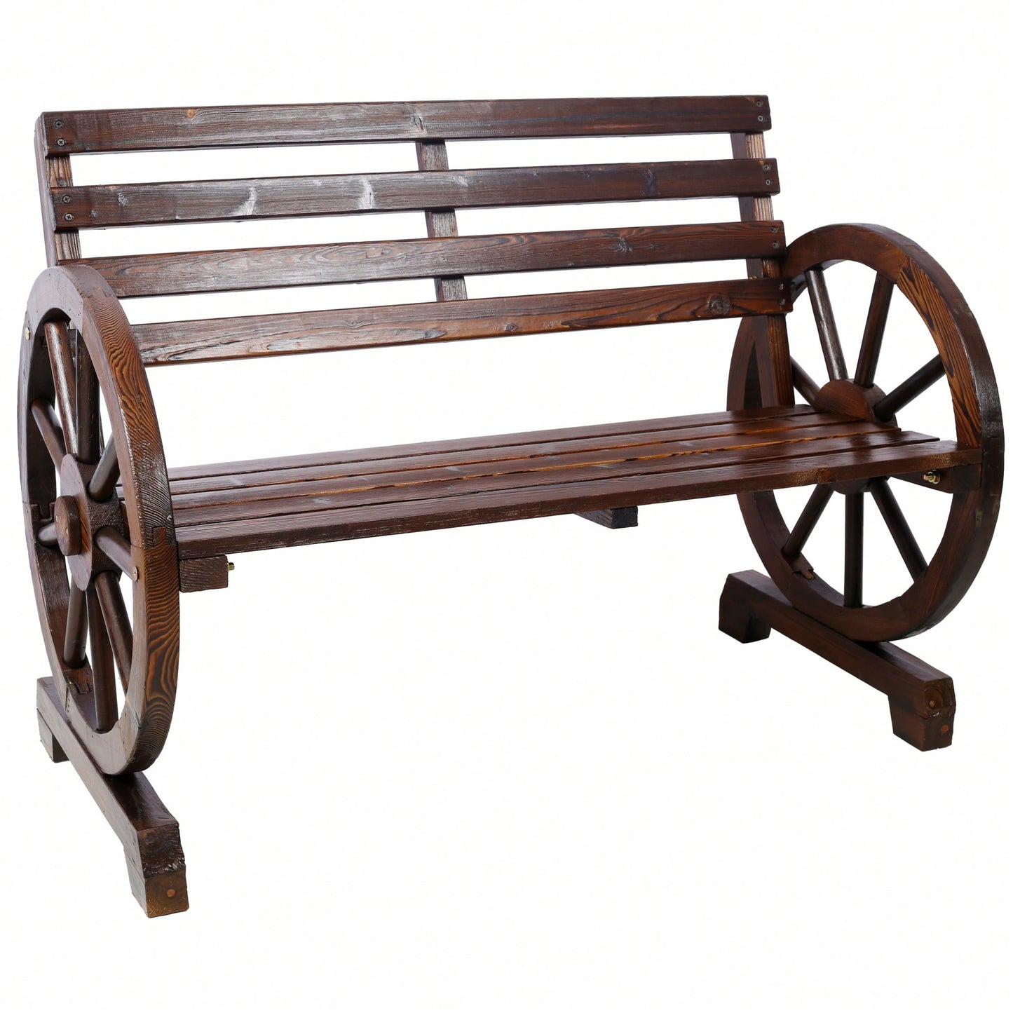 Rustic Wooden Wagon Wheel Bench For Outdoor Patio Garden With Slatted Seat And Backrest - Brown